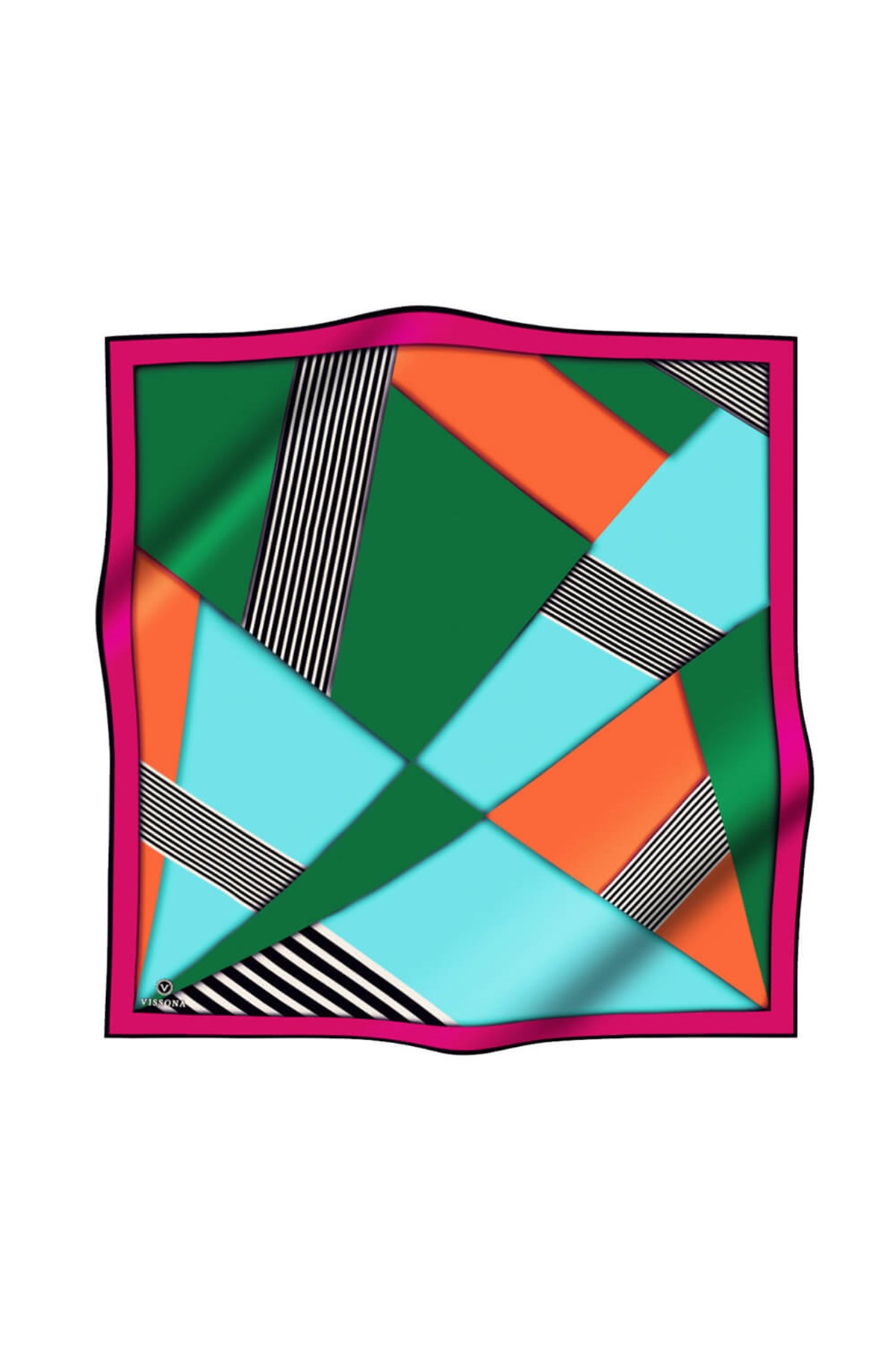 %100 Twill İpek Çizgili ve Geometrik Desenli Zümrüt Yeşili - Fuşya Renkli 90x90 Eşarp Dikim Şekli : El Dikişi