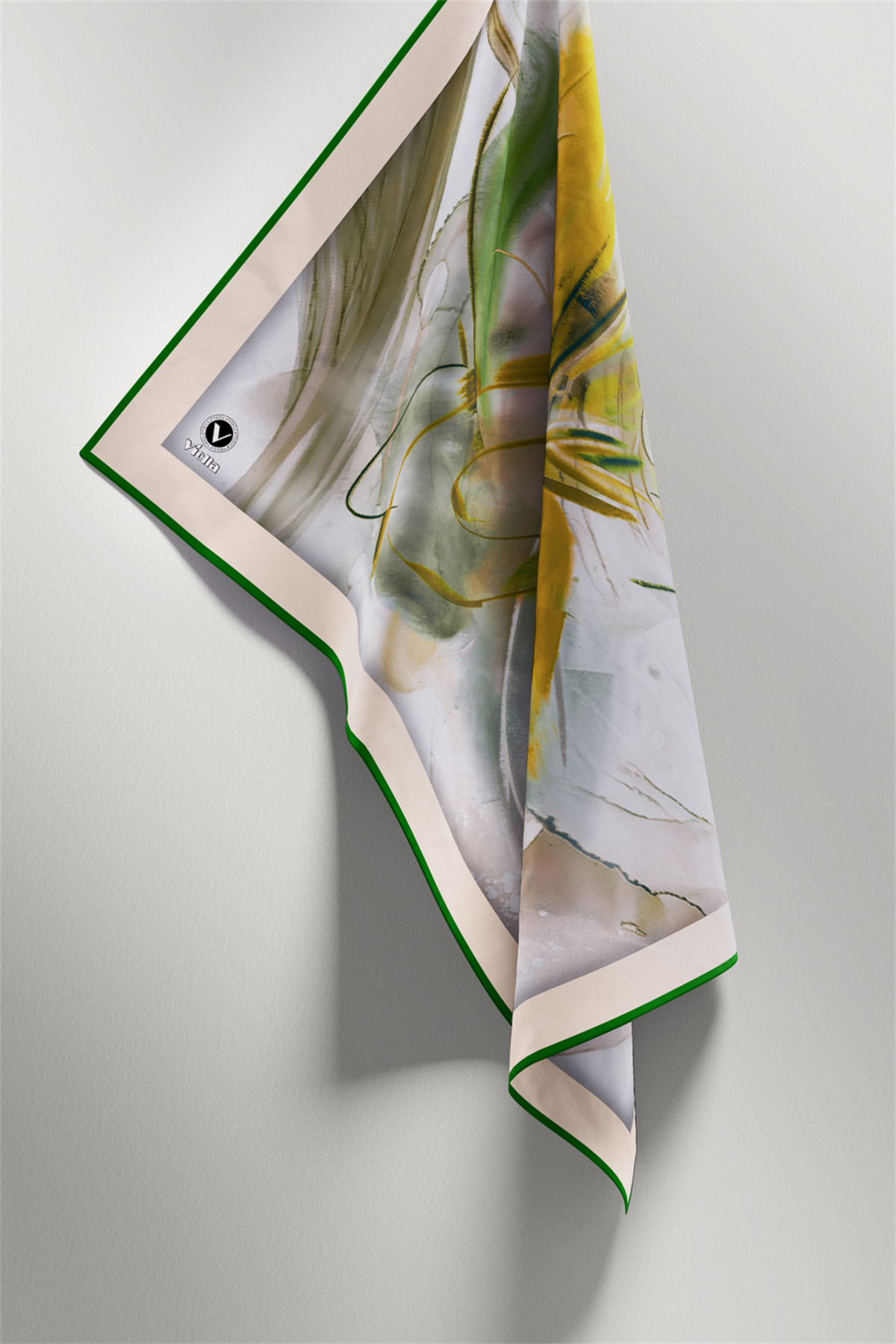 Twill Çiçek Tablo Desenli Zümrüt Yeşili Renkli 90x90 Eşarp (İpek İçermez) Kenar Dikiş Şekli El Dikişli
