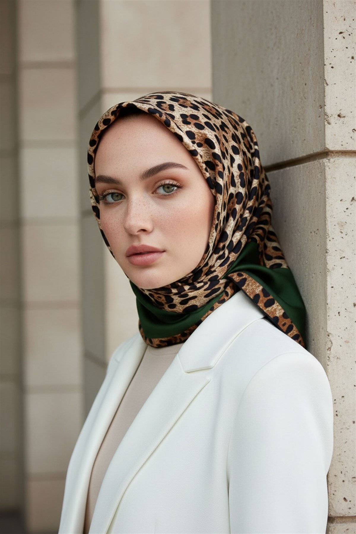 %100 Twill İpek Leopar Desenli Zümrüt Yeşili Renkli 90x90 Eşarp Dikim Şekli : El Dikişi