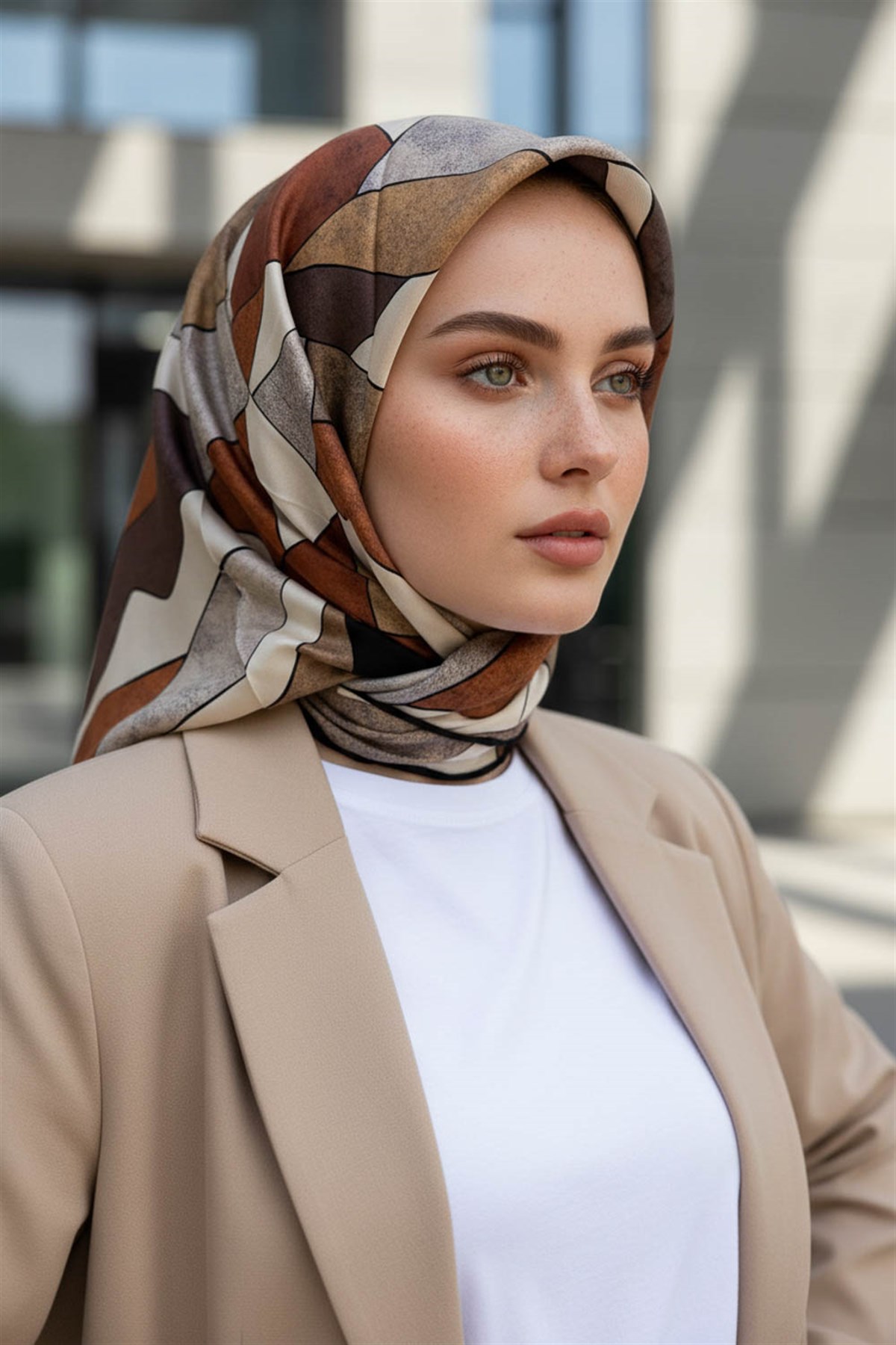 %100 Twill İpek Geometrik Desenli Bej - Taba Renkli 90x90 Eşarp Dikim Şekli : El Dikişi