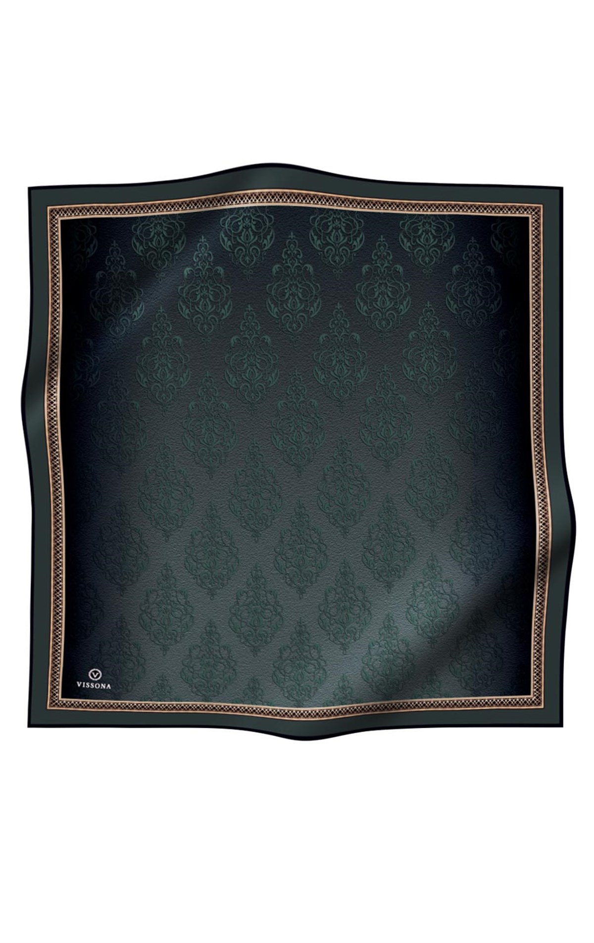 %100 Twill İpek Eşarp 90x90 Zümrüt Yeşili Barok Desenli El Dikişli Kadın Eşarp