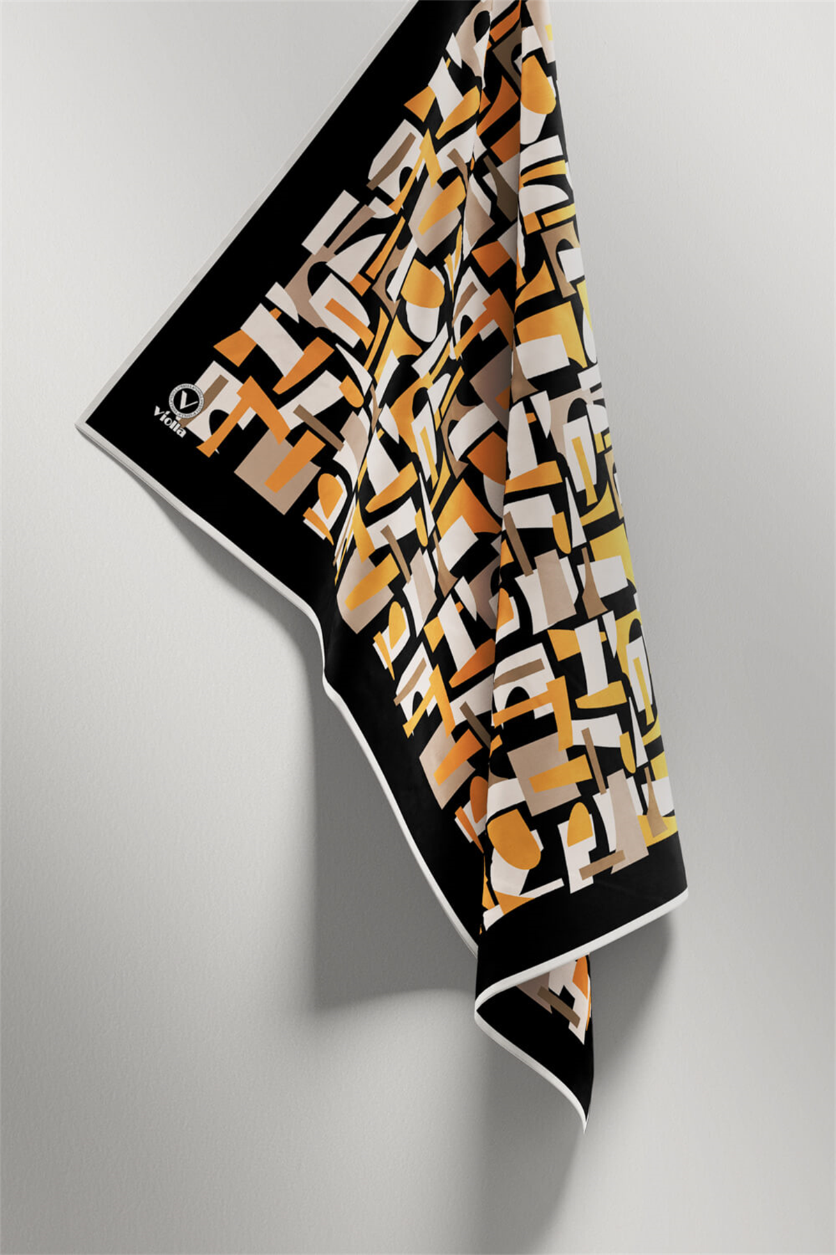 Twill Geometrik Desenli Hardal - Bej Renkli 90x90 Eşarp (İpek İçermez) Dikim Şekli : El Dikişi