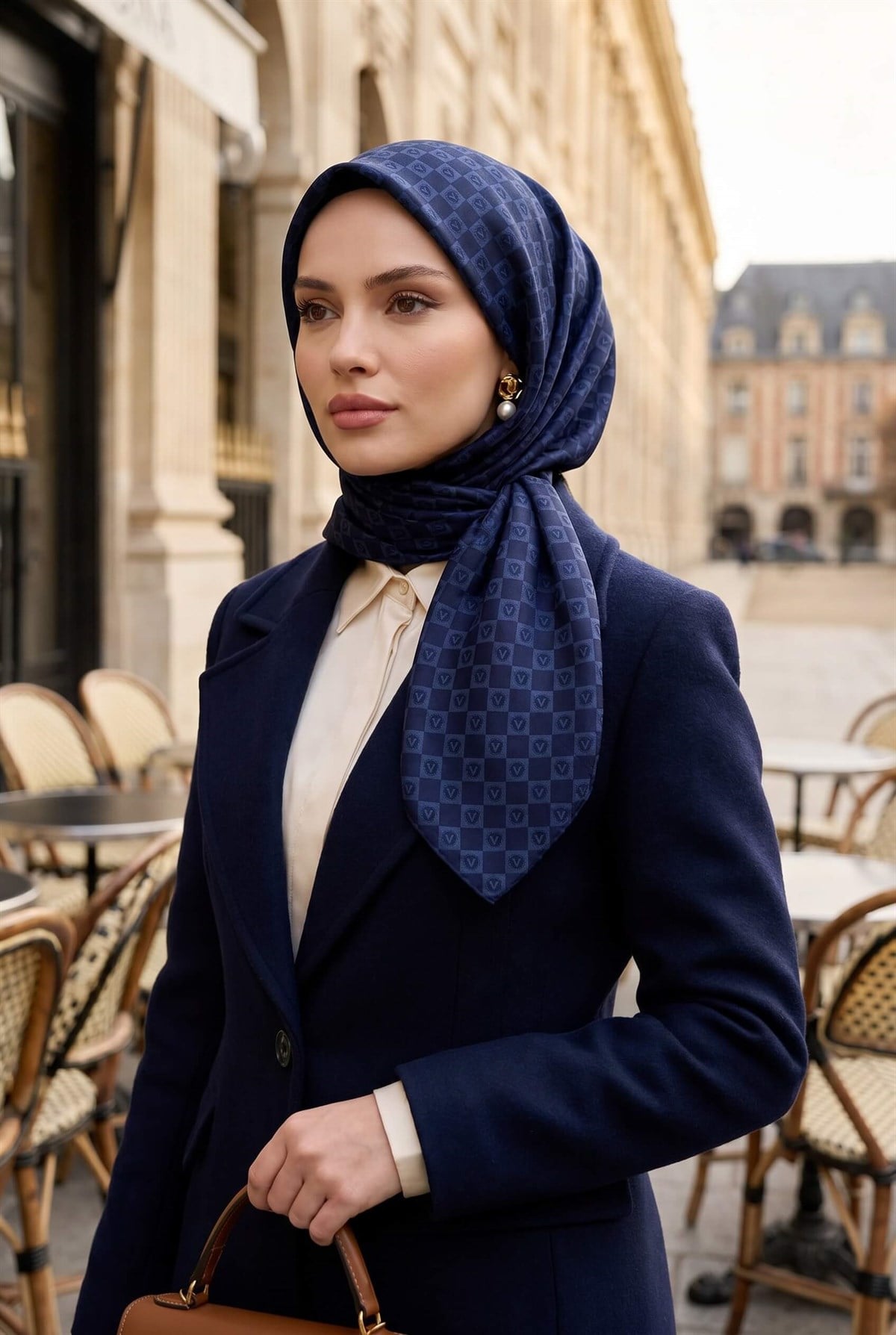 %100 Twill İpek Monogram Desenli Lacivert Renkli 90x90 Eşarp Dikim Şekli : El Dikişi