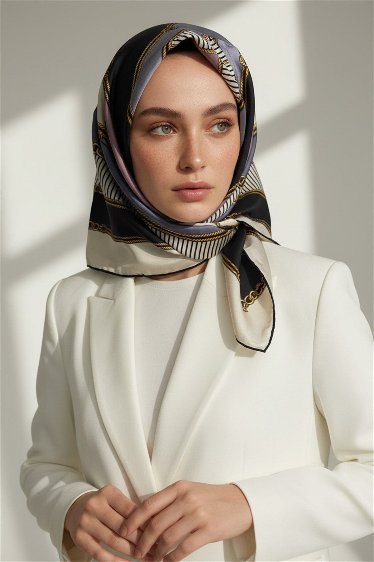 %100 Twill İpek Zincir Detaylı Geometrik Desenli Gri - Pudra Renkli 90x90 Eşarp Dikim Şekli : El Dikişi