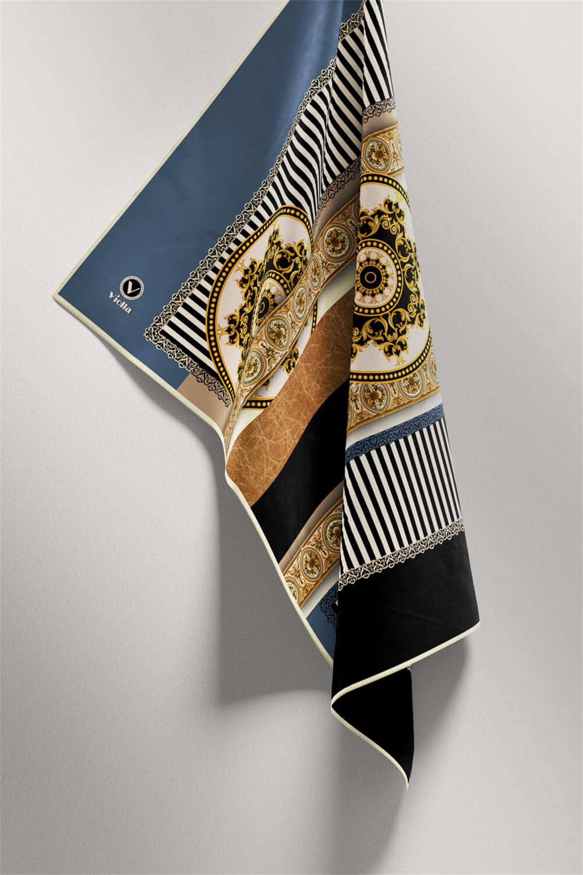 Twill Çizgili ve Barok Desenli İndigo Renkli 90x90 Eşarp (İpek İçermez) Kenar Dikiş Şekli El Dikişli
