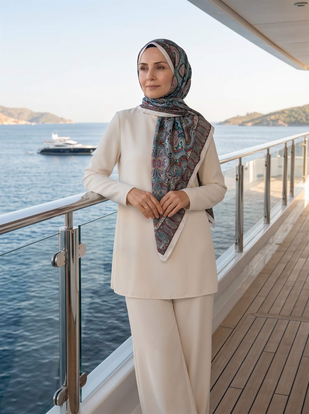 100% İpek Etnik Desenli Beyaz - Fuşya Renkli 92x210 Şal