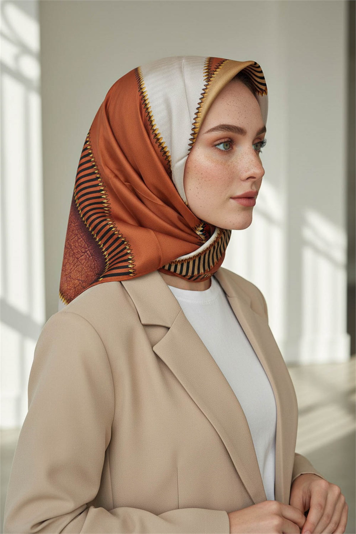%100 Twill İpek Geometrik Desenli Taba - Siyah Renkli 90x90 Eşarp Dikim Şekli : El Dikişi