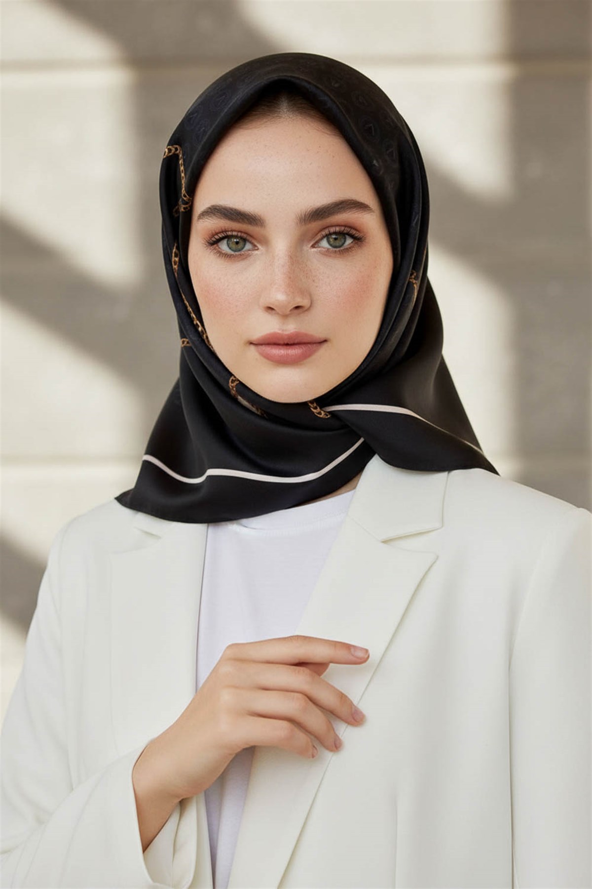 %100 Twill İpek Zincirli Ve Monogram Desenli Siyah - Krem Renkli 90x90 Eşarp Dikim Şekli : El Dikişi