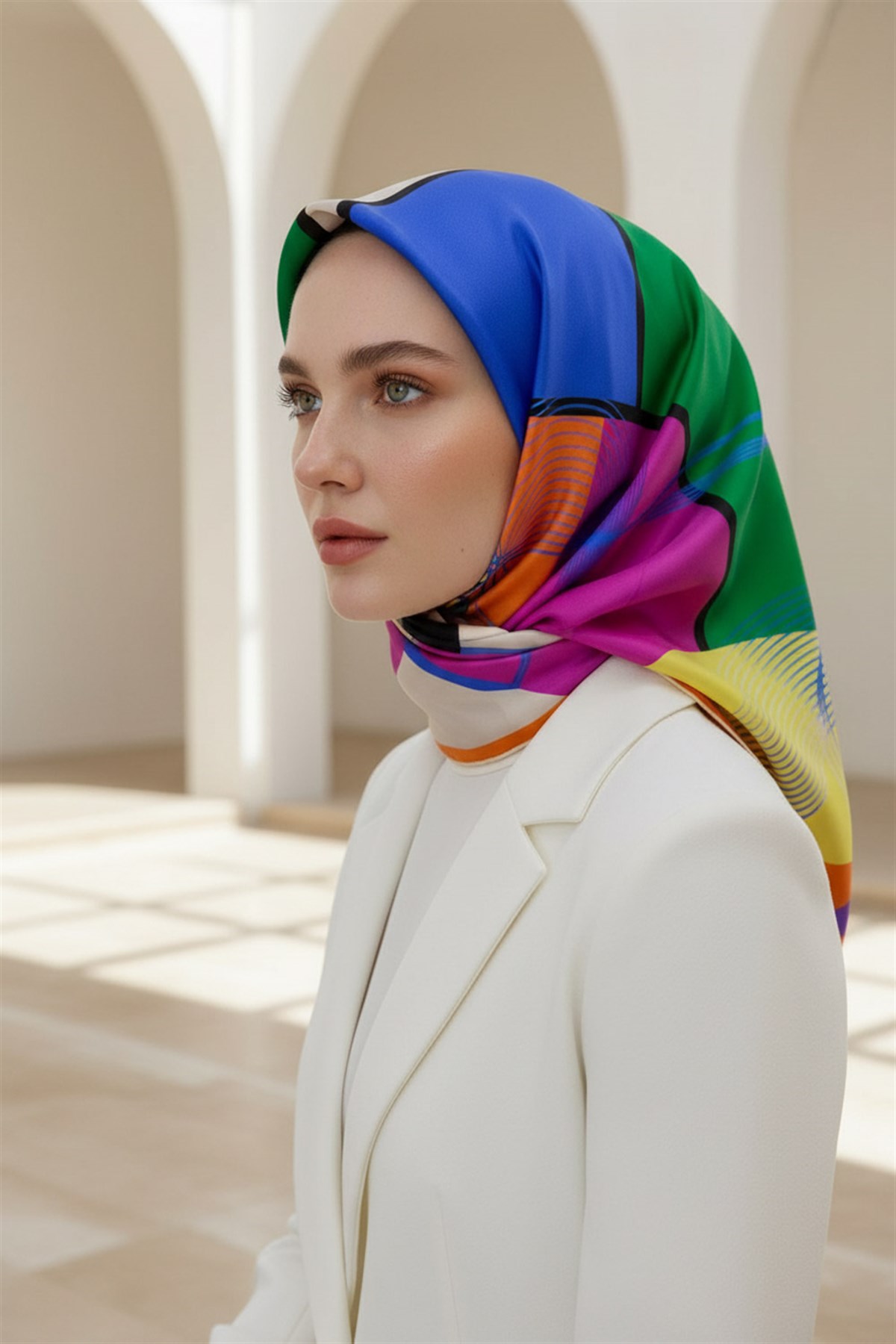 %100 Twill İpek Geometrik Desenli Turuncu - Saks Renkli 90x90 Eşarp Dikim Şekli : El Dikişi