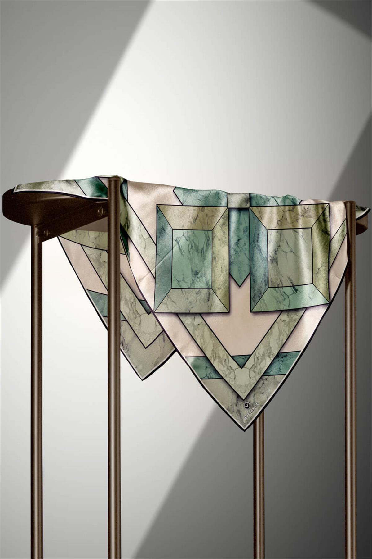 %100 Twill İpek Mermer Desenli Mint Yeşili - Haki Renkli 90x90 Eşarp Dikim Şekli : El Dikişi