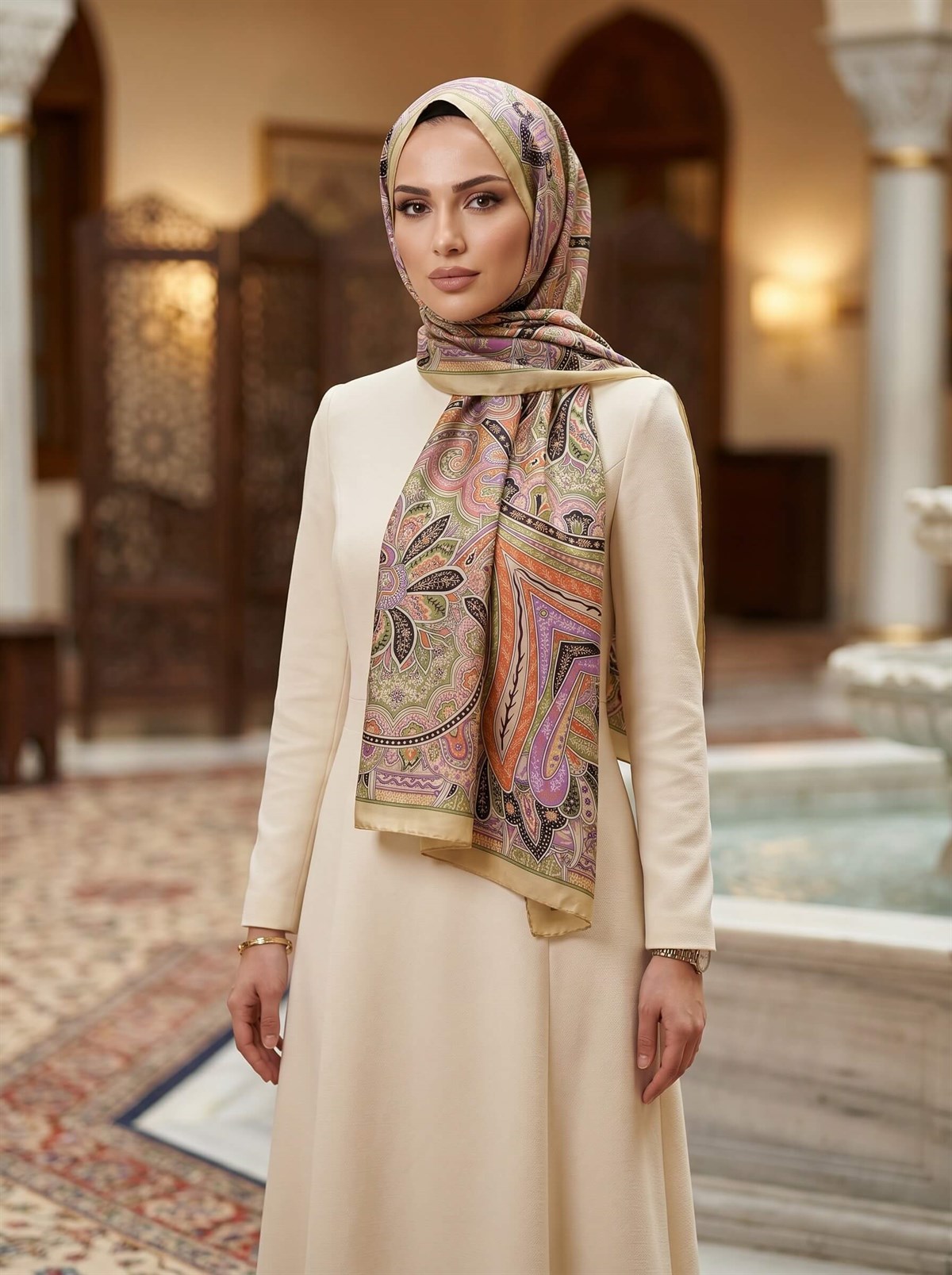 100% İpek Etro Desenli Limon Sarısı - Turuncu Renkli 92x210 Şal