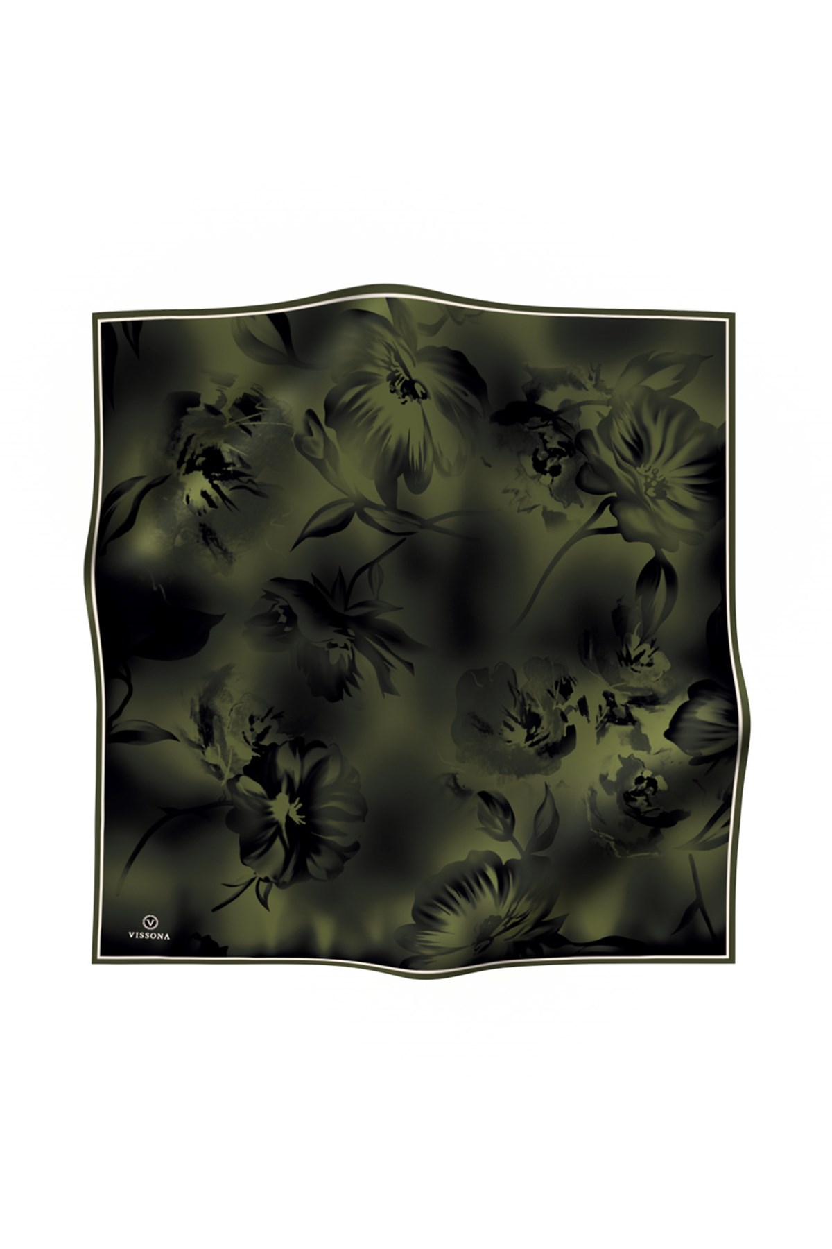 100% Twill İpek Çiçek Desenli Haki Renkli 90x90 Dikim Şekli : El Dikişi Eşarp