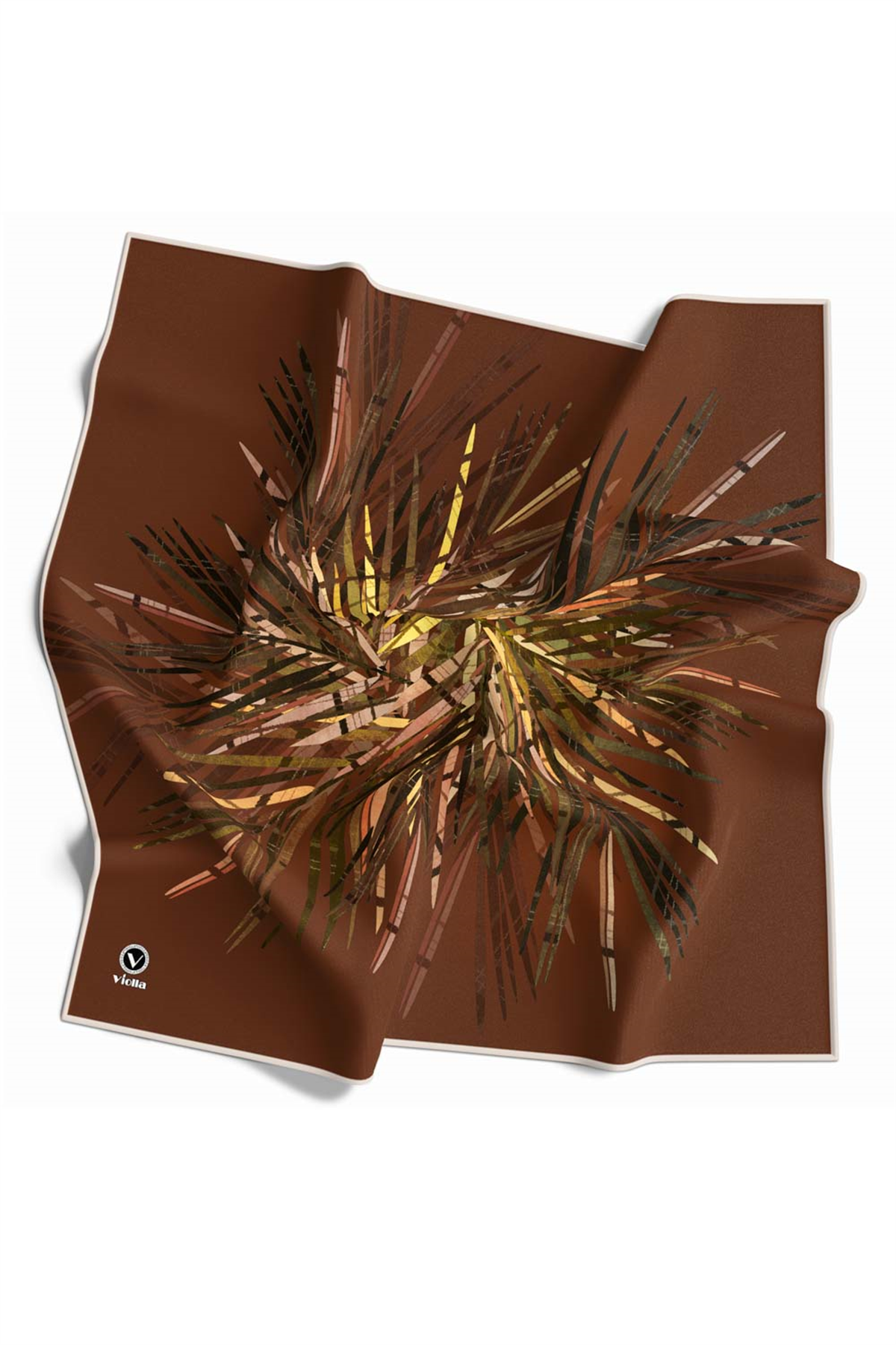 Twill Havai Fişek Desenli Taba Renkli 90x90 Eşarp (İpek İçermez) Kenar Dikiş Şekli El Dikişli