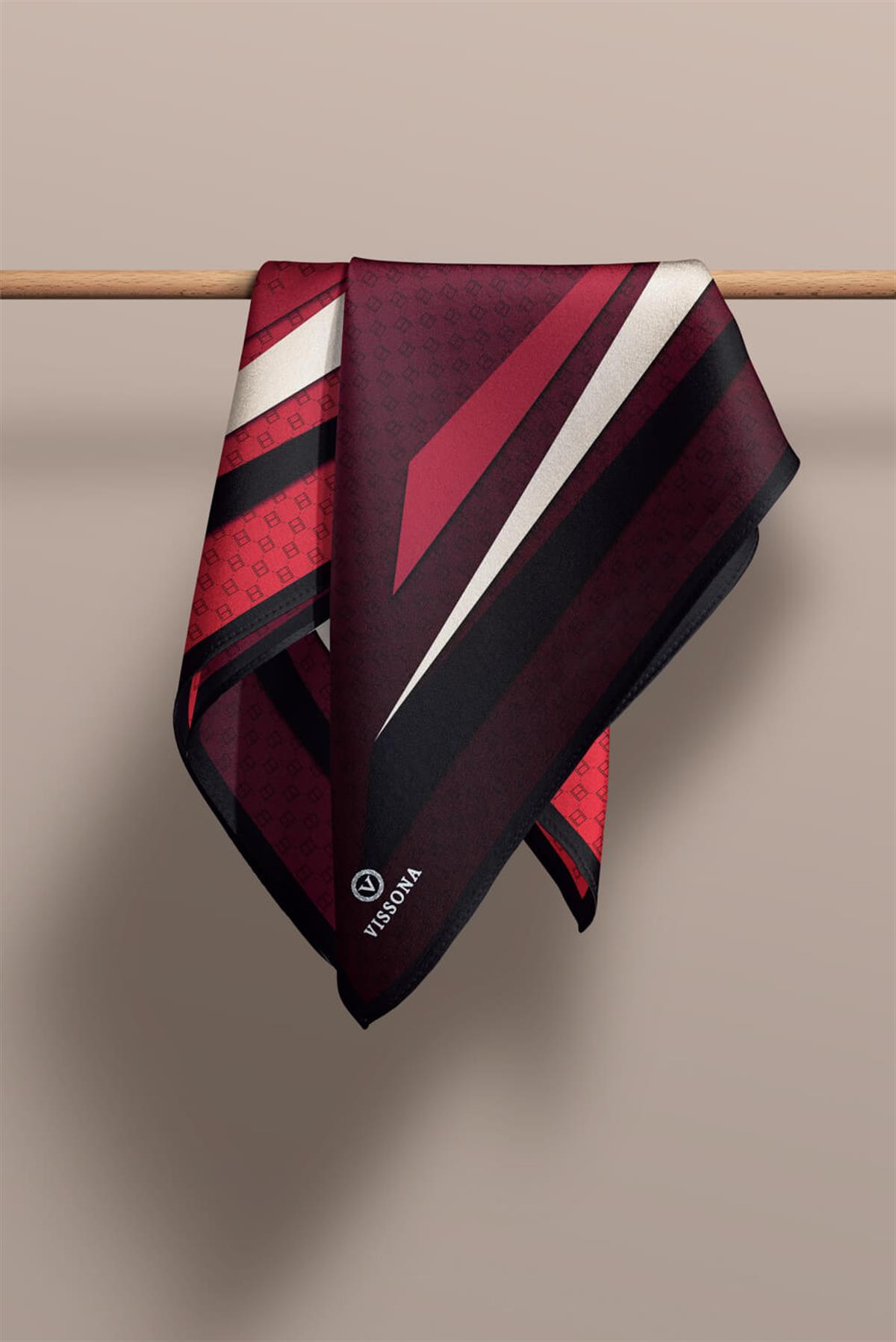 %100 Twill İpek Degrade Desenli Siyah - Kırmızı Renkli 90x90 Eşarp Dikim Şekli : El Dikişi