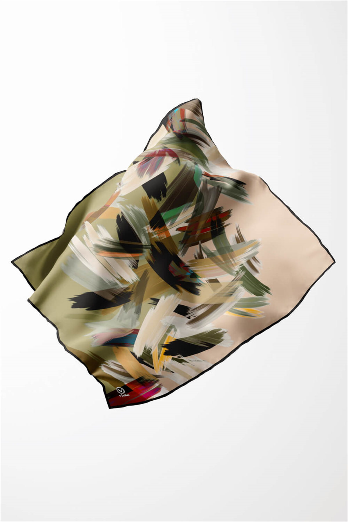 Twill Fırça Desenli Haki Renkli 90x90 Eşarp (İpek İçermez) Kenar Dikiş Şekli El Dikişli