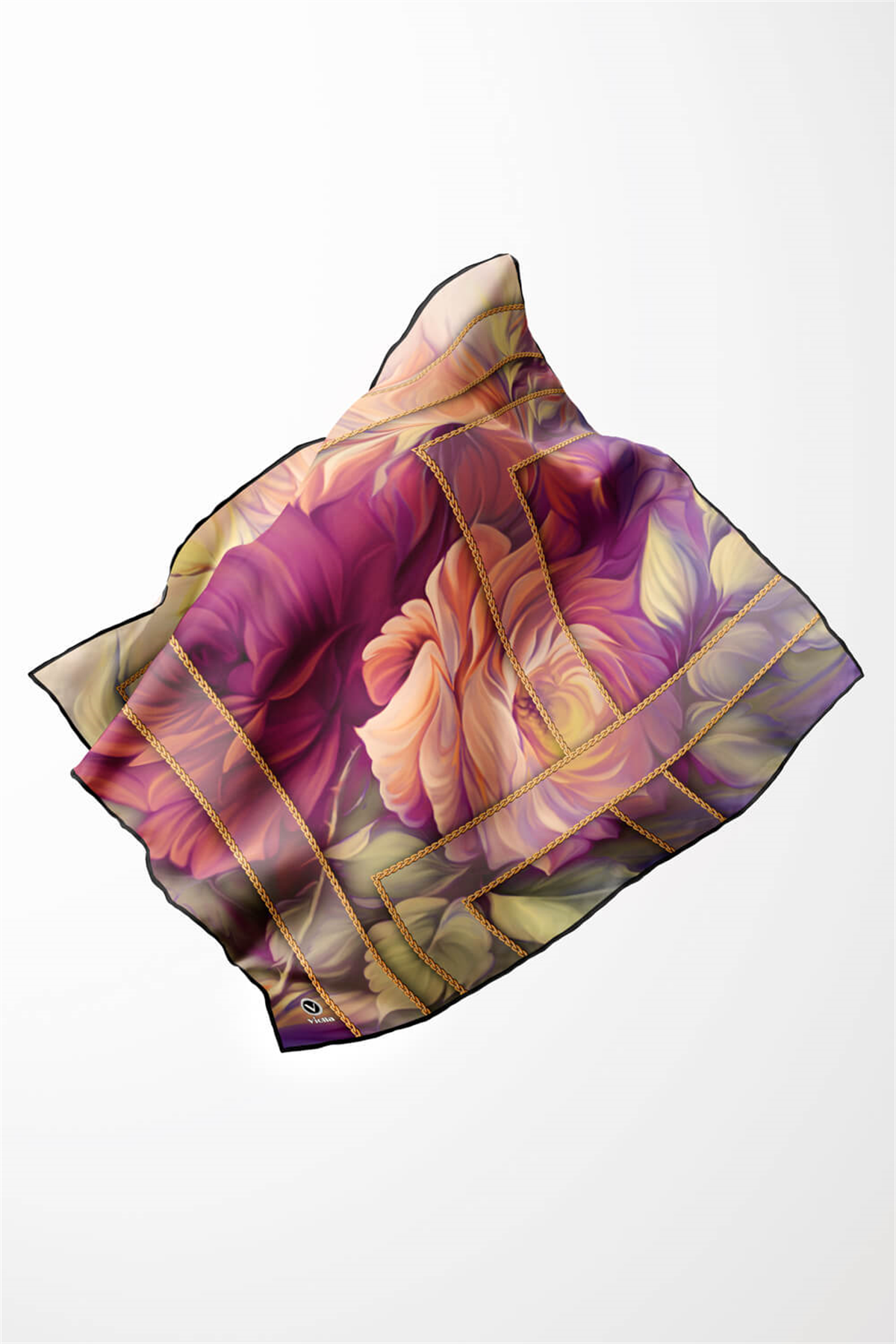Twill Gül Desenli Fuşya - Somon Renkli 90x90 Eşarp (İpek İçermez) Kenar Dikiş Şekli El Dikişli
