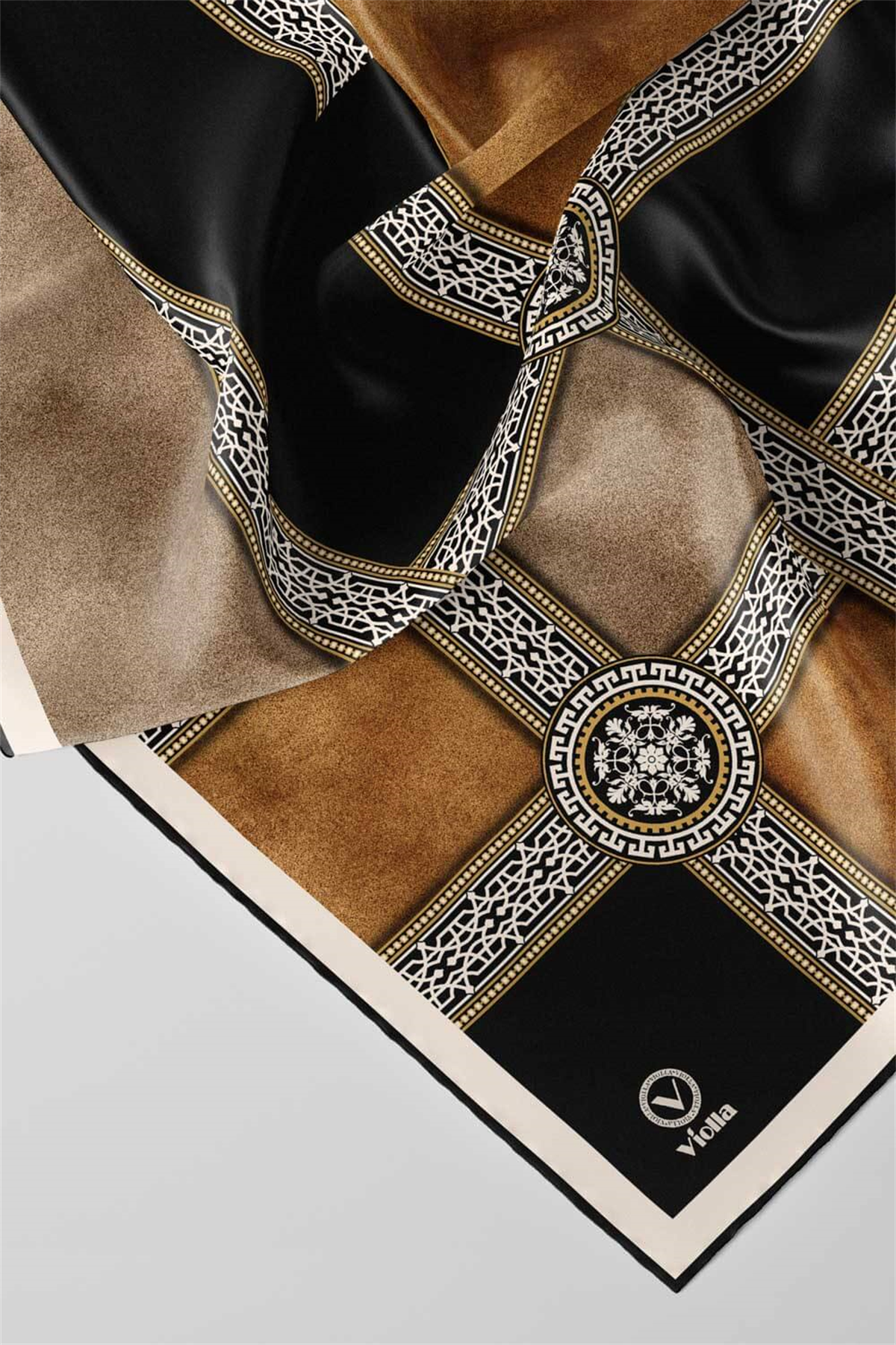 Twill Geometrik Desenli Hardal Renkli 90x90 Eşarp (İpek İçermez) Kenar Dikiş Şekli El Dikişli