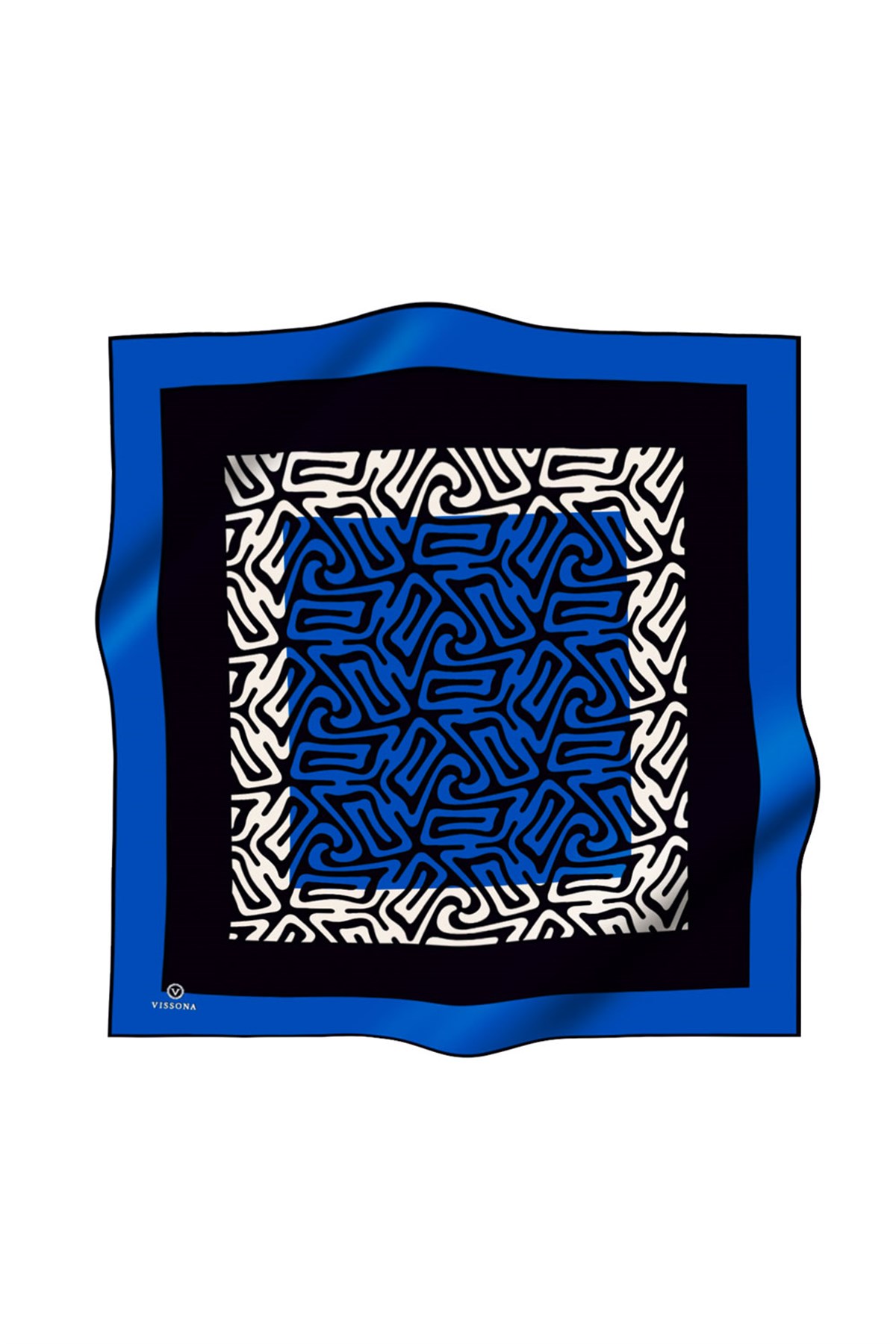 100% Twill İpek Bordürlü Dalga Desenli Siyah - Saks Renkli 90x90 Dikim Şekli : El Dikişi Eşarp