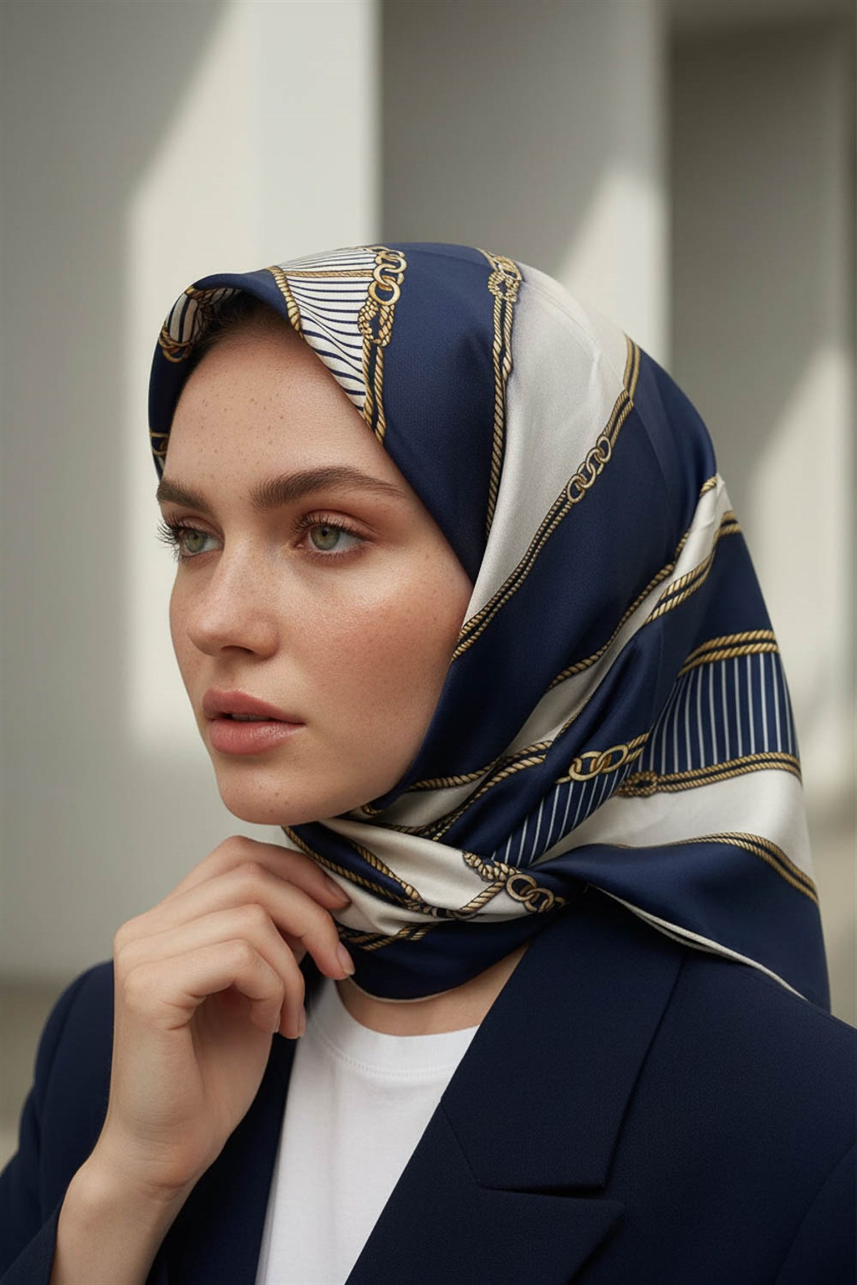 %100 Twill İpek Zincir Detaylı Geometrik Desenli Lacivert - Lacivert Renkli 90x90 Eşarp Dikim Şekli : El Dikişi