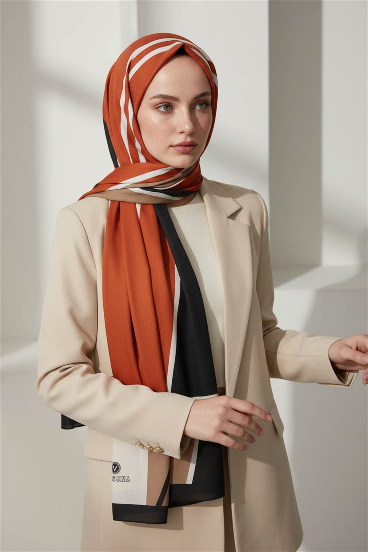 KREP GEOMETRIK DESENLİ TABA RENKLİ 75X195 KIRIŞMAZ ŞAL
