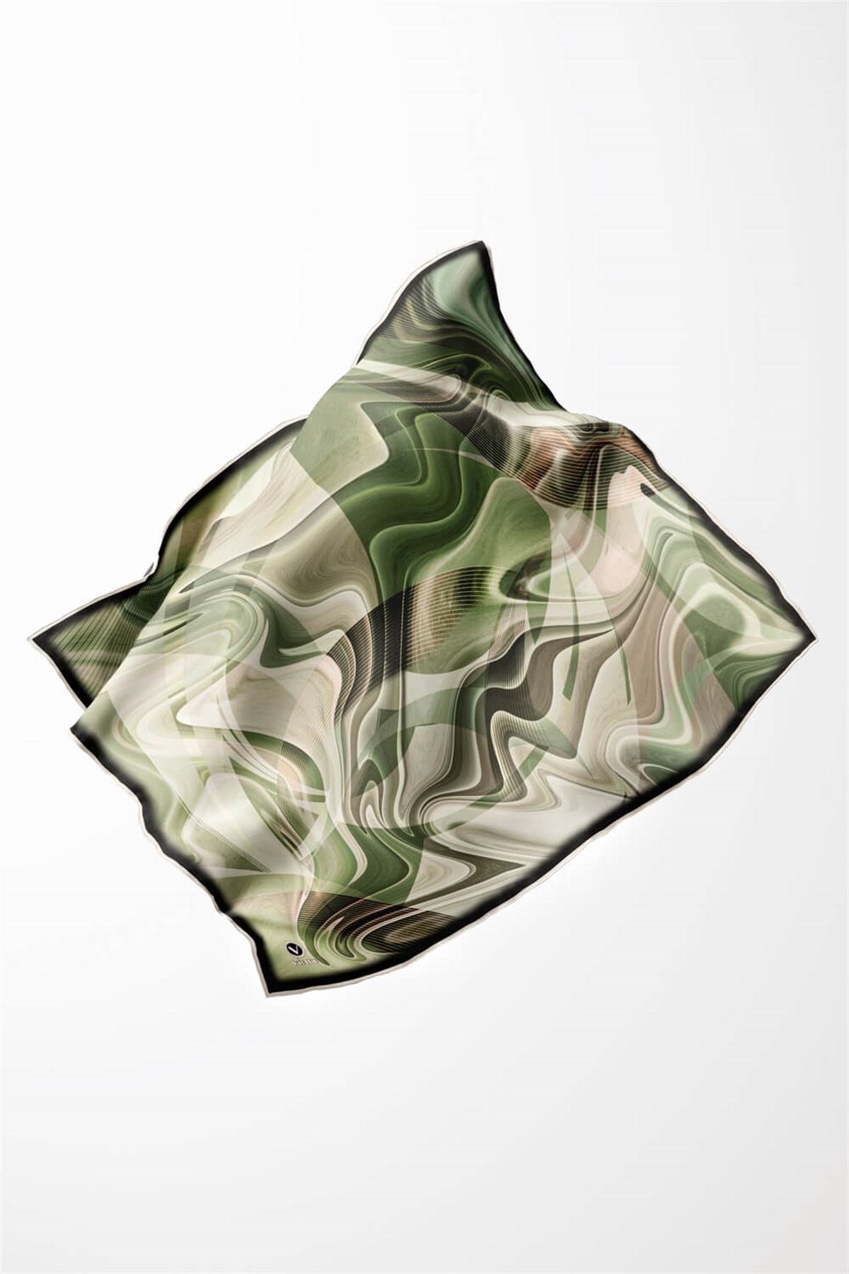 Twill Soyut Dalga Desenli Zümrüt Yeşili Renkli 90x90 Eşarp (İpek İçermez) Dikim Şekli : El Dikişi