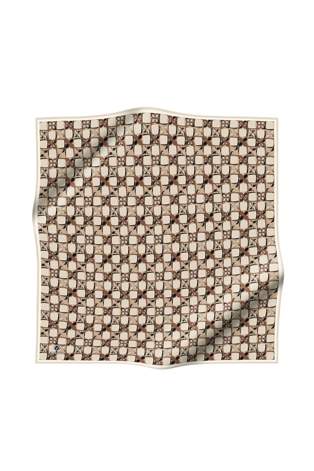 %100 Twill İpek Geometrik Desenli Taş Renkli 90x90 Eşarp Dikim Şekli : El Dikişi