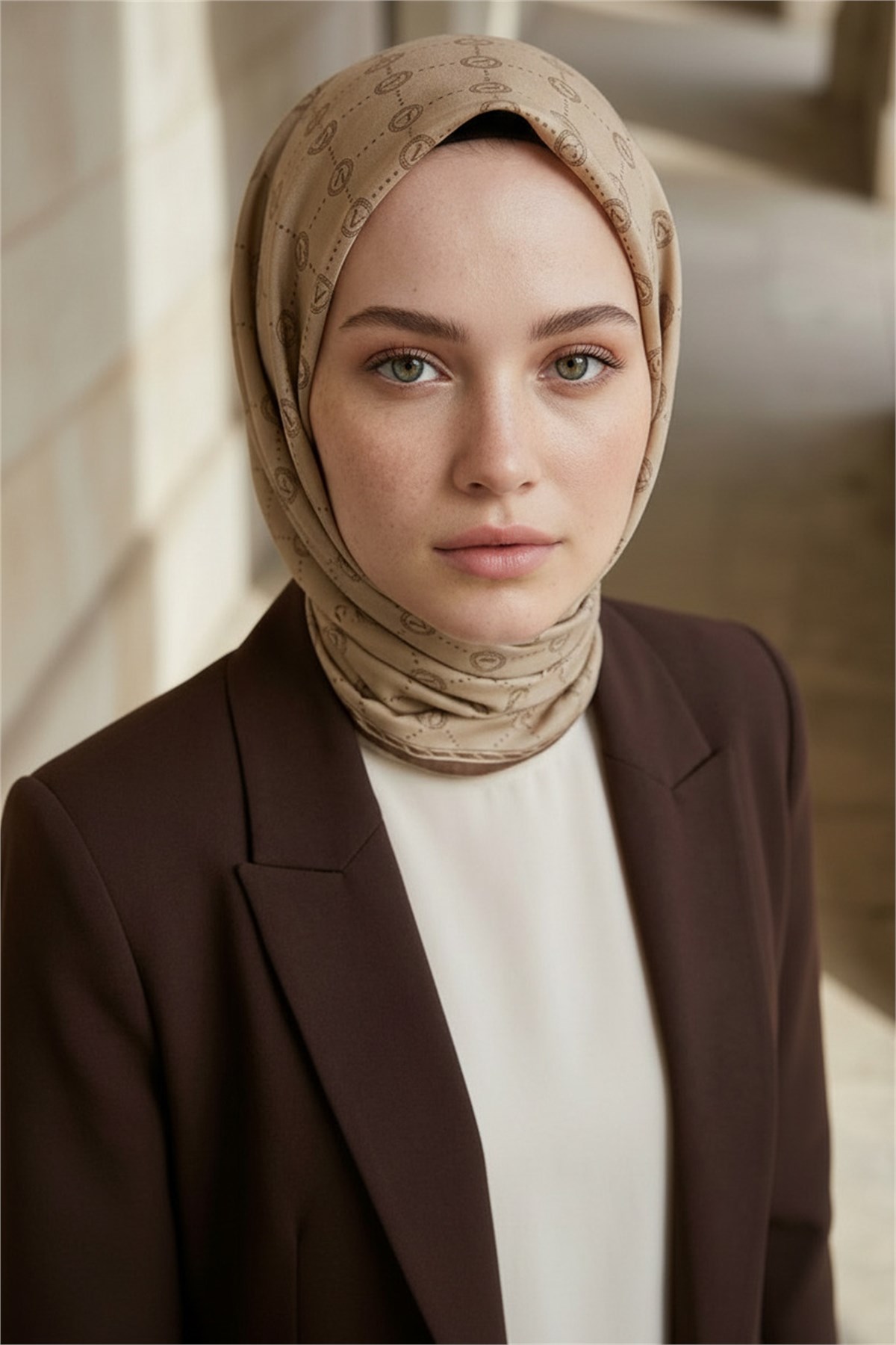 %100 Saf İpek Twill Eşarp 90x90 Bej Monogram Desenli El Dikişli