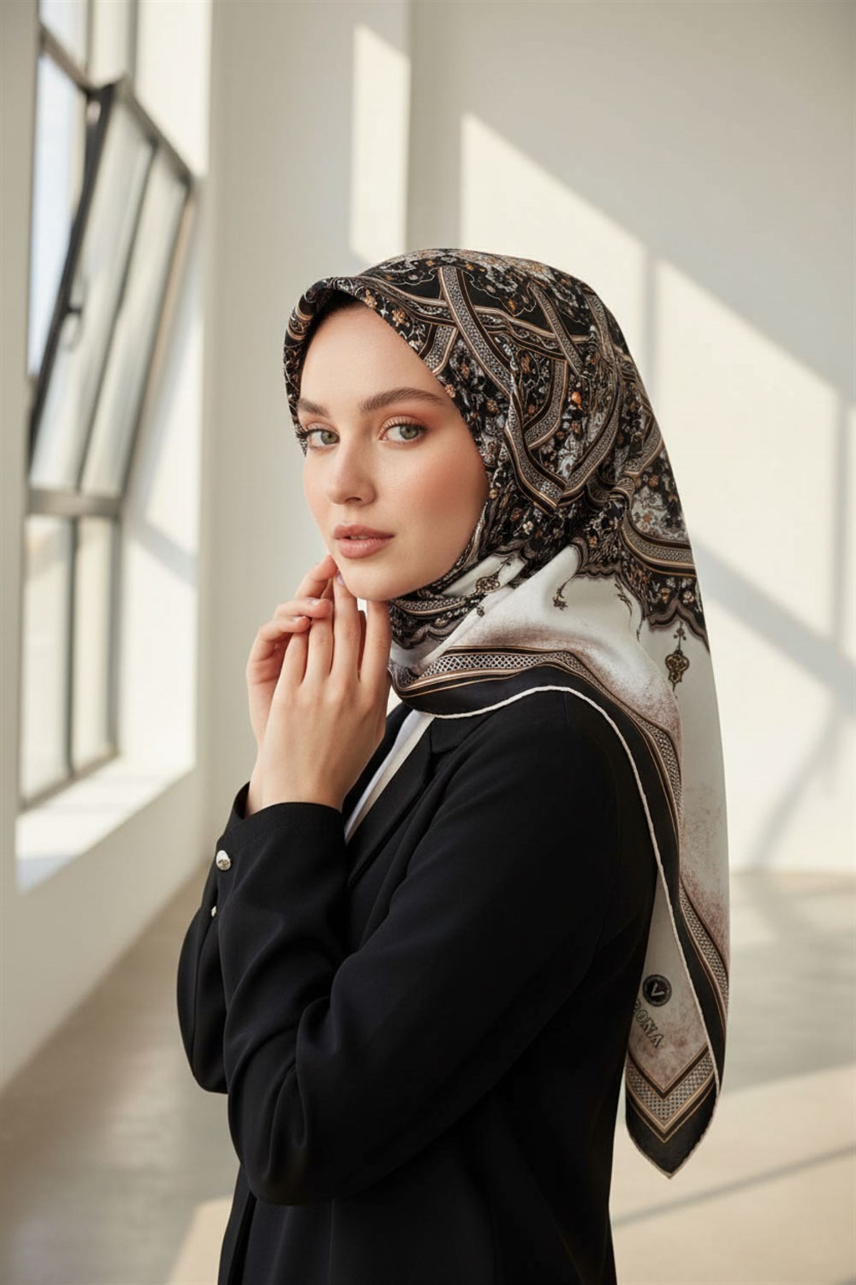 %100 Twill İpek Şal Desenli Siyah - Krem Renkli 90x90 Eşarp Dikim Şekli : El Dikişi