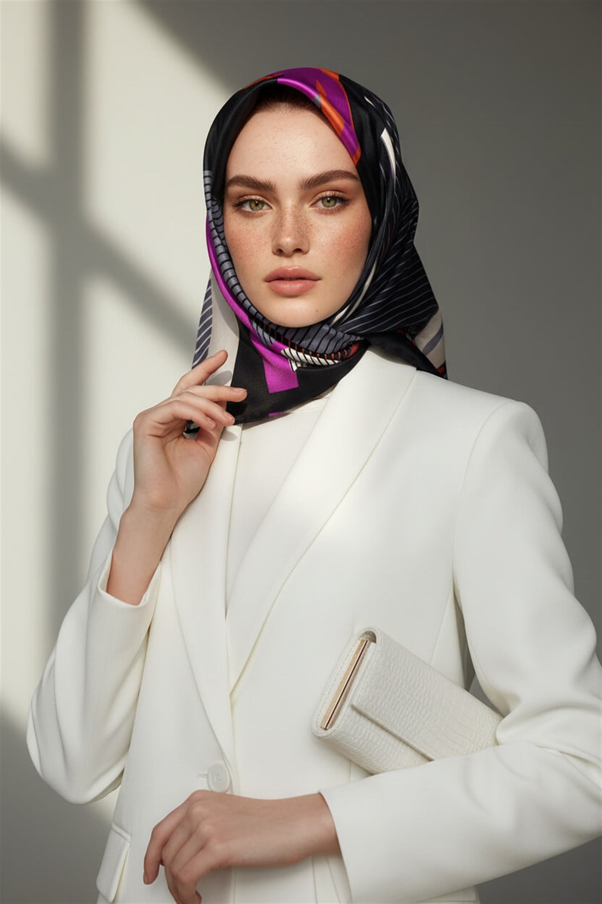 %100 Twill İpek Çizgili Geometrik Desenli Siyah - Gri Renkli 90x90 Eşarp Dikim Şekli : El Dikişi