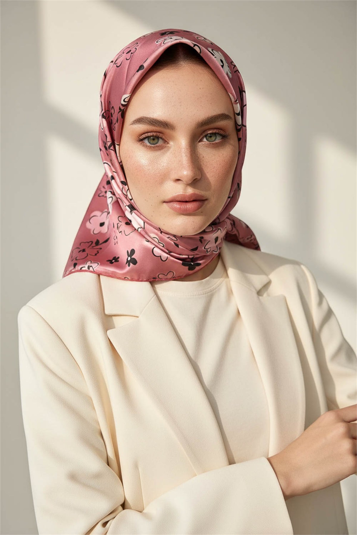 Rayon Papatya Desenli Pudra Renkli 90x90 Eşarp (İpek İçermez) Kenar Dikiş Şekli El Dikişli