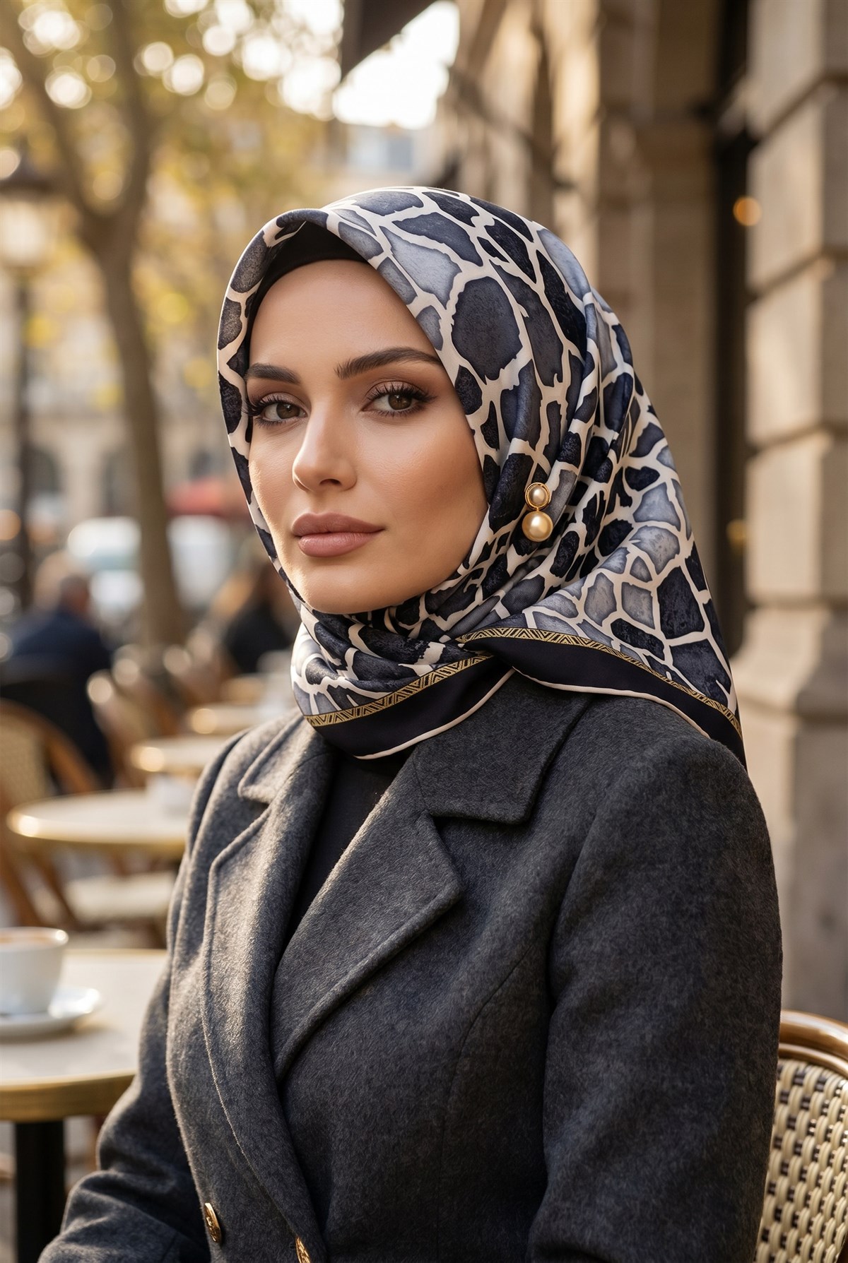 %100 Twill İpek Zürafa Desenli Siyah - Gri Renkli 90x90 Eşarp Dikim Şekli : El Dikişi
