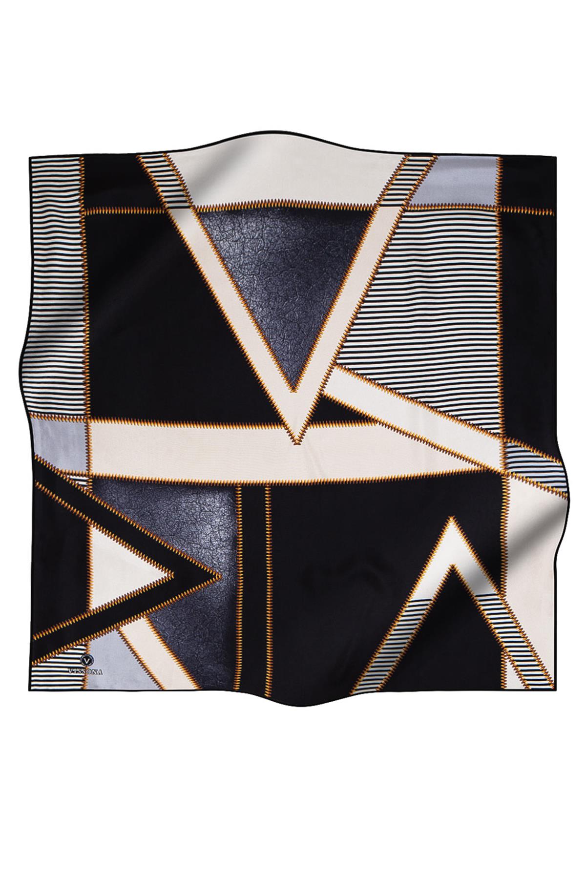 %100 Twill İpek Geometrik Desenli Gümüş - Siyah Renkli 90x90 Eşarp Dikim Şekli : El Dikişi
