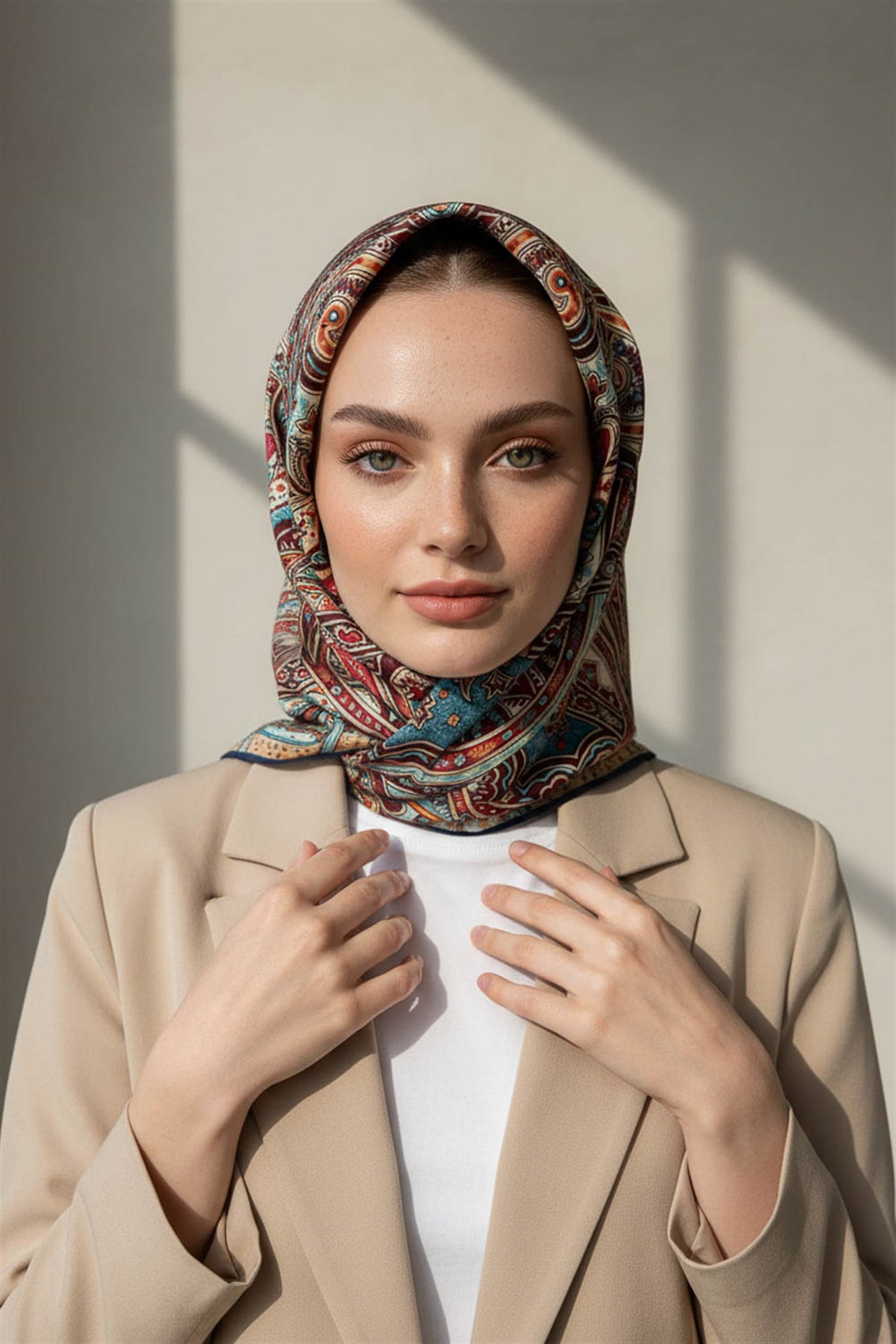 100% Twill İpek Etnik Desenli Lacivert Renkli 90x90 Dikim Şekli : El Dikişi Eşarp