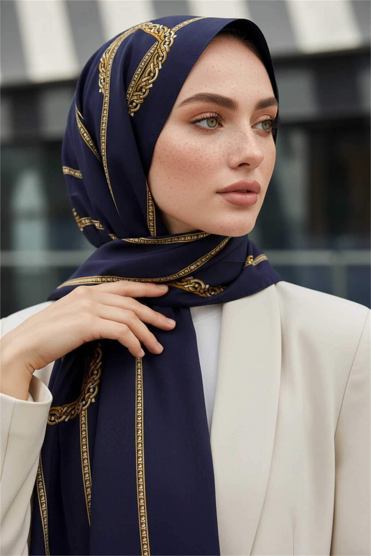 KREP ZİNCİR DESENLİ LACİVERT RENKLİ 75X195 KIRIŞMAZ ŞAL
