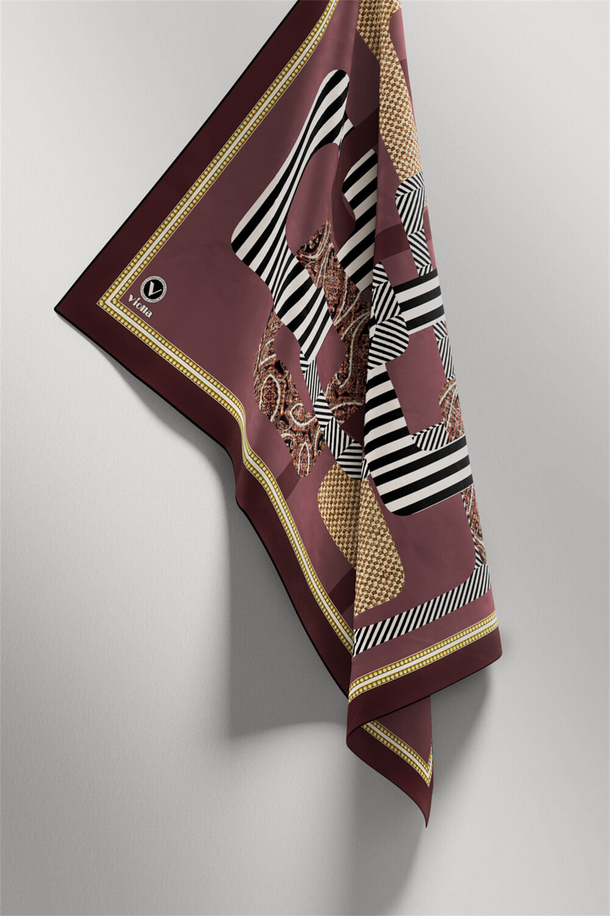 Twill Geometrik Desenli Gül Kurusu Renkli 90x90 Eşarp (İpek İçermez) Kenar Dikiş Şekli El Dikişli