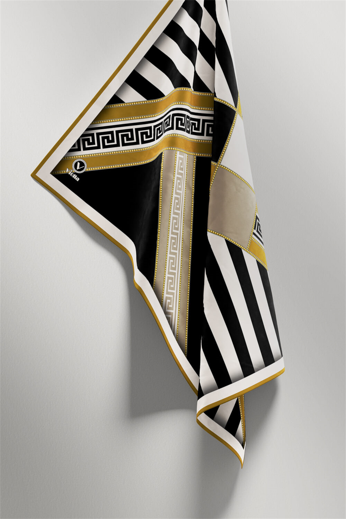 Twill Çizgili Geometrik Desenli Hardal Renkli 90x90 Eşarp (İpek İçermez) Kenar Dikiş Şekli El Dikişli