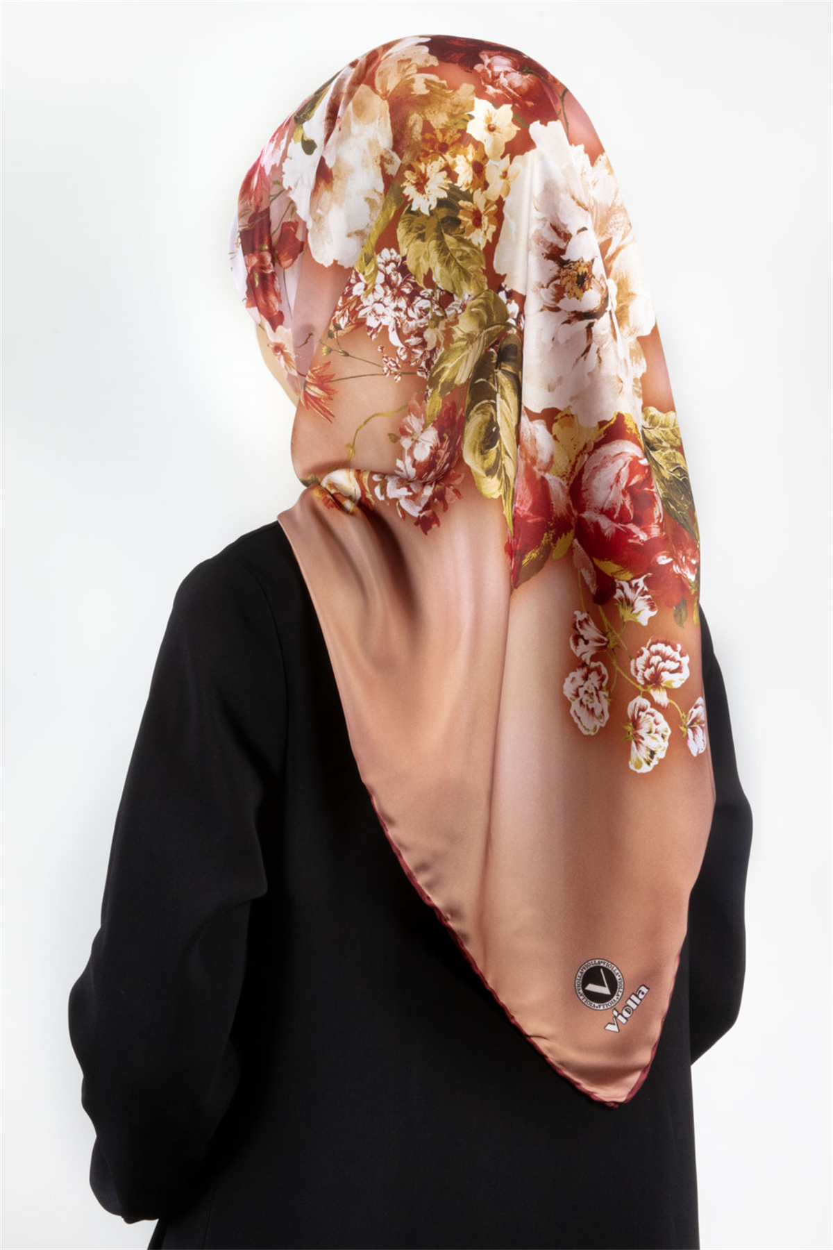 Twill Degradeli Çiçek Desenli Taba Renkli 90x90 Eşarp (İpek İçermez) Kenar Dikiş Şekli El Dikişli