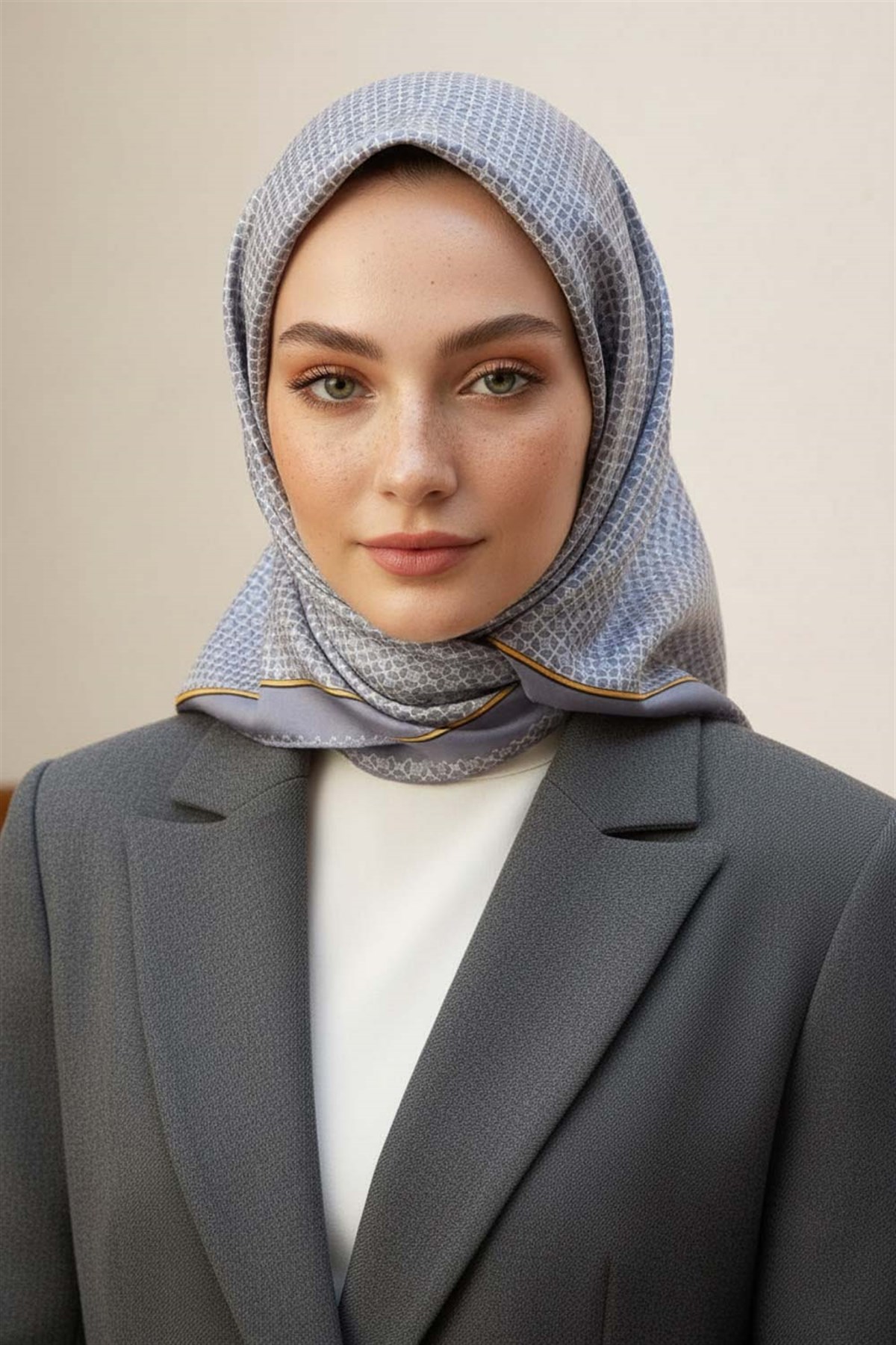 %100 Twill İpek Minik Motif Desenli Gri - Krem Renkli 90x90 Eşarp Dikim Şekli : El Dikişi