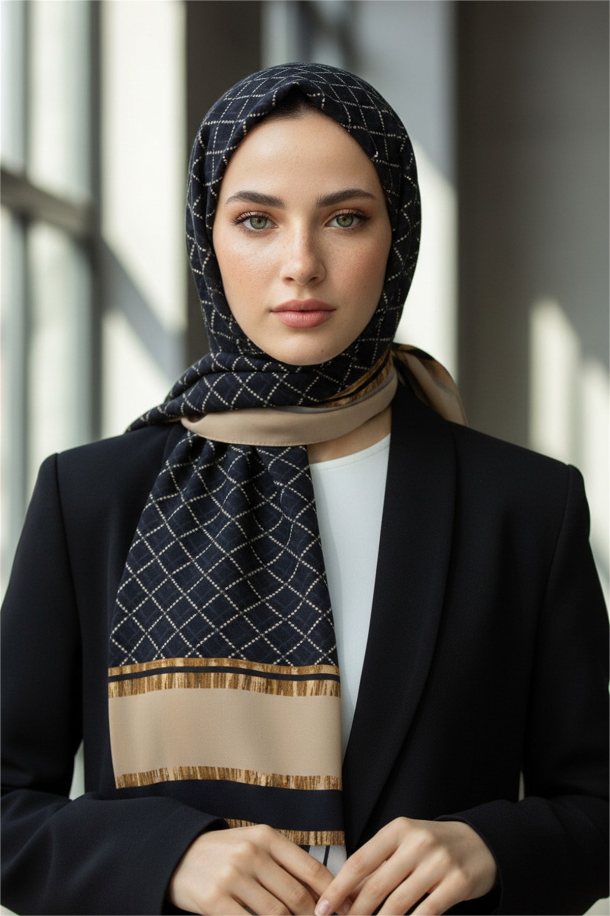 KREP ZEBRALI BAKLAVA DESENLİ BEJ RENKLİ 75X195 KIRIŞMAZ ŞAL