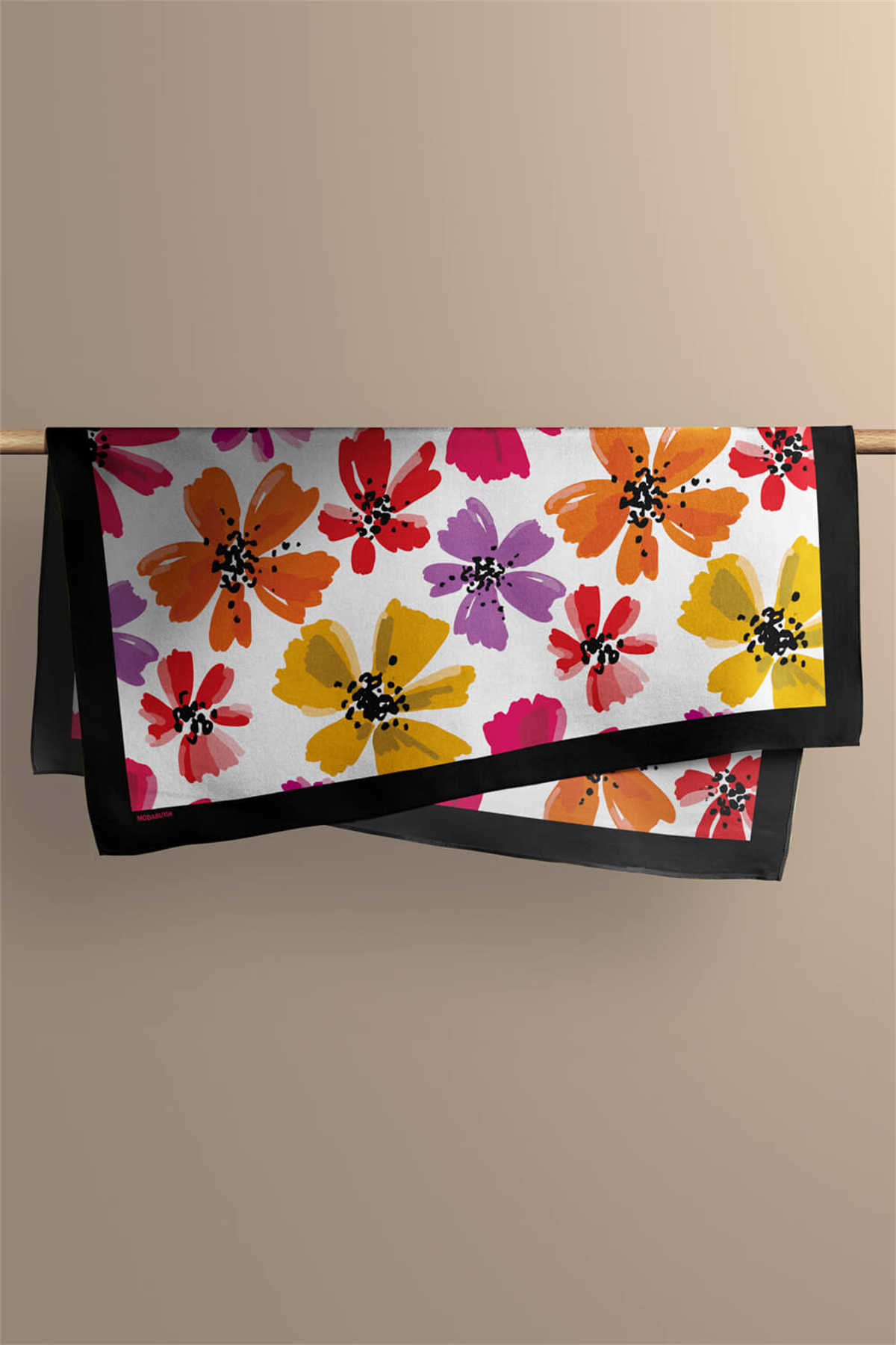 D102 Kadın Çiçek Desenli Bandana 50x50 Kırmızı Sarı DG0176-22