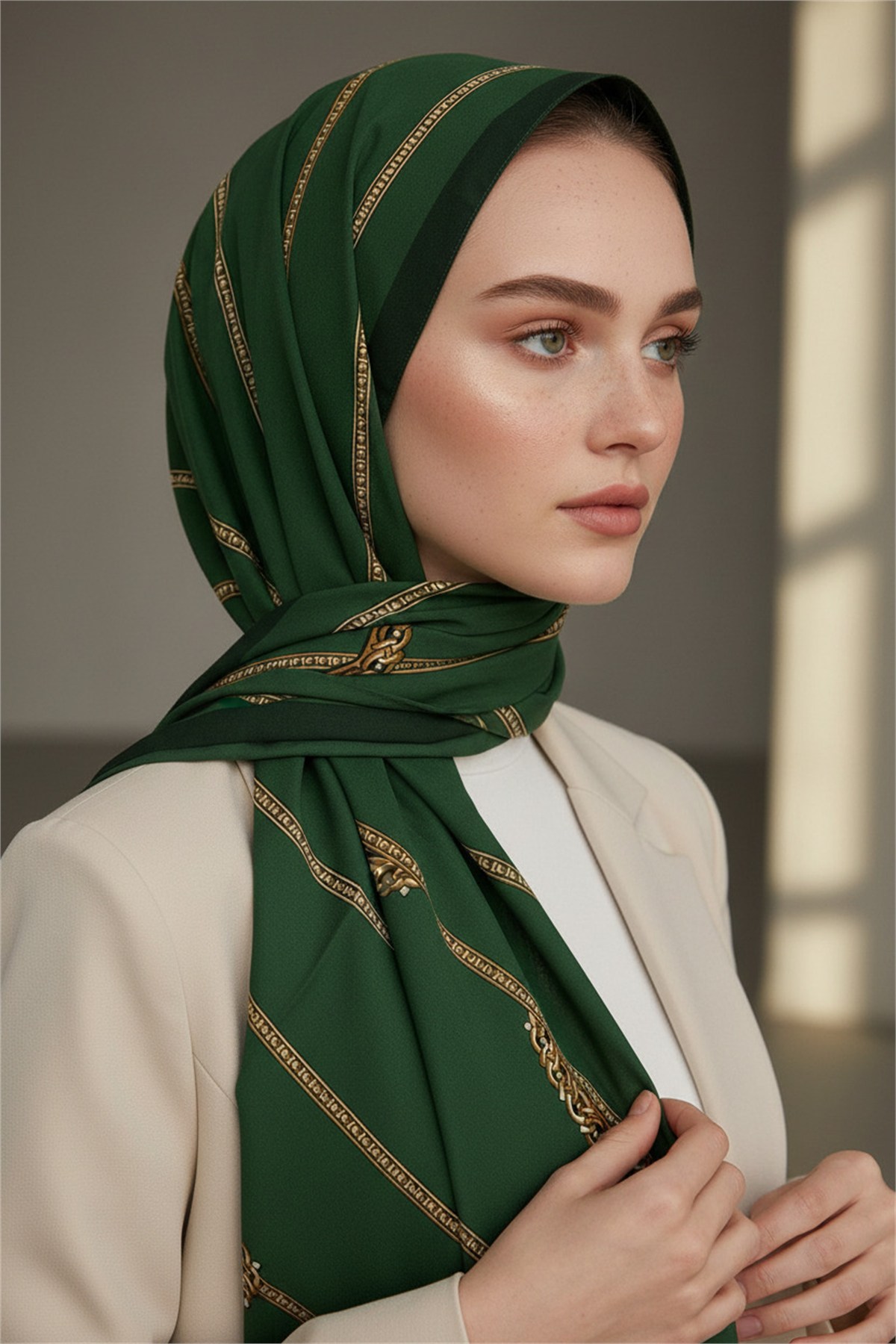 KREP ZİNCİR DESENLİ ZÜMRÜT YEŞİLİ RENKLİ 75X195 KIRIŞMAZ ŞAL