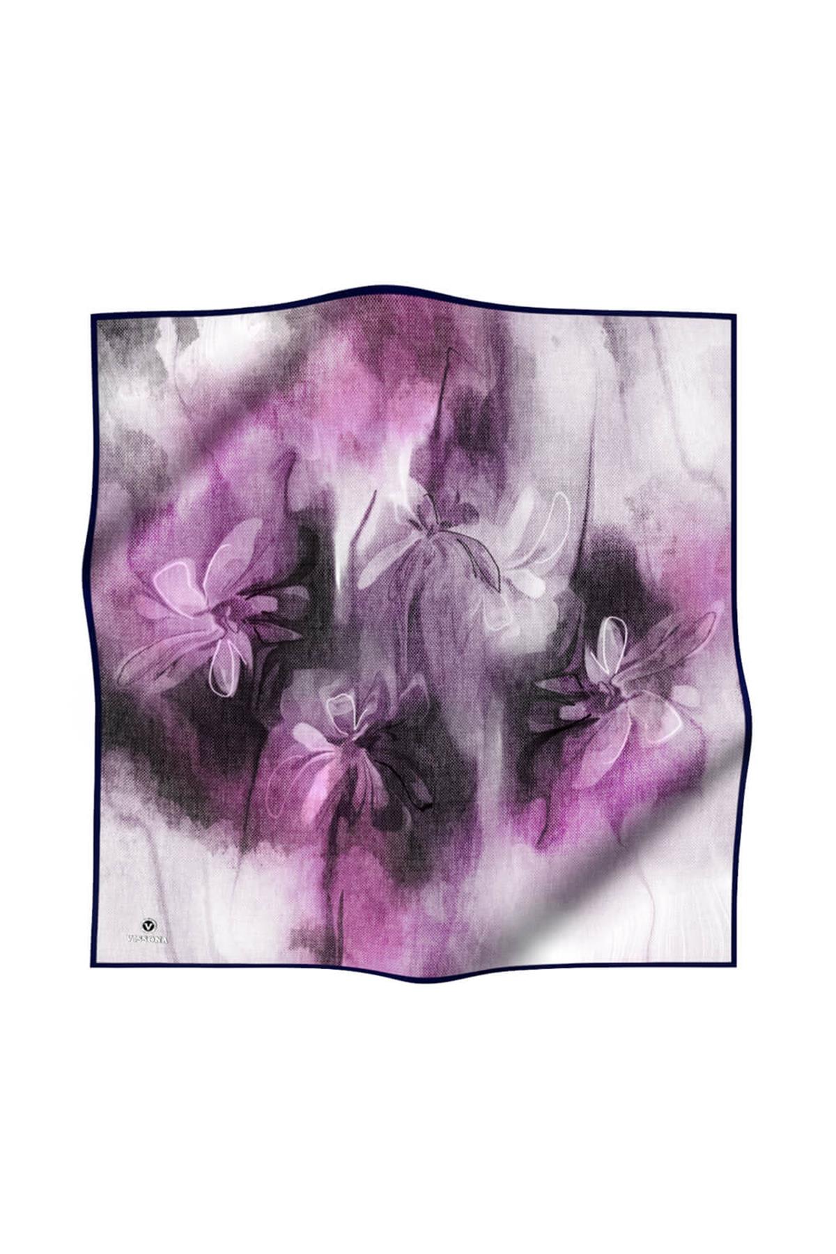 %100 Twill İpek Dokulu Ve Çiçek Desenli Füme - Lila Renkli 90x90 Eşarp Dikim Şekli : El Dikişi