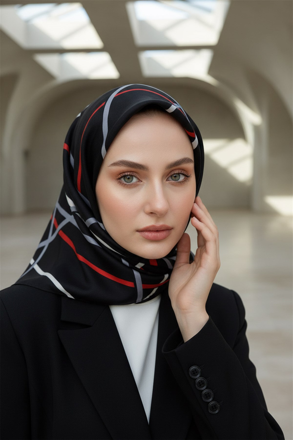 %57 İPEK %43 VİSKON Twill İpek Çizgili Desenli Siyah - Kırmızı Renkli 90x90 Eşarp Dikim Şekli : El Dikişi