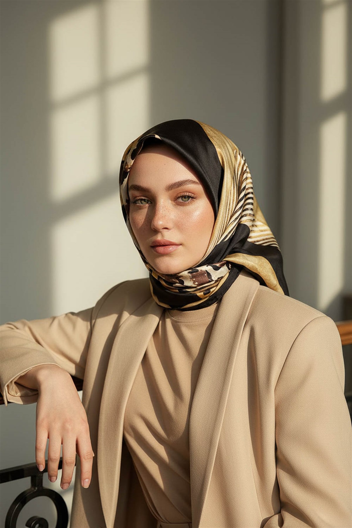 %100 Twill İpek Leopar Ve Geometrik Desenli Hardal Renkli 90x90 Eşarp Dikim Şekli : El Dikişi