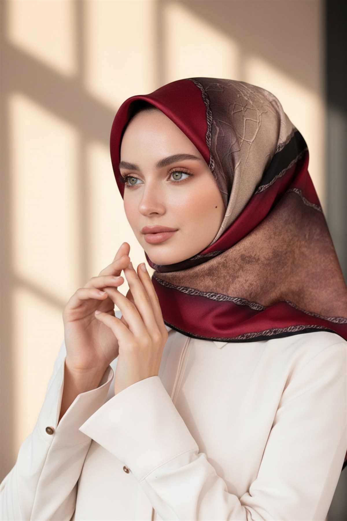 %100 Twill İpek Dokulu Geometrik Desenli Bordo - Siyah Renkli 90x90 Eşarp Dikim Şekli : El Dikişi