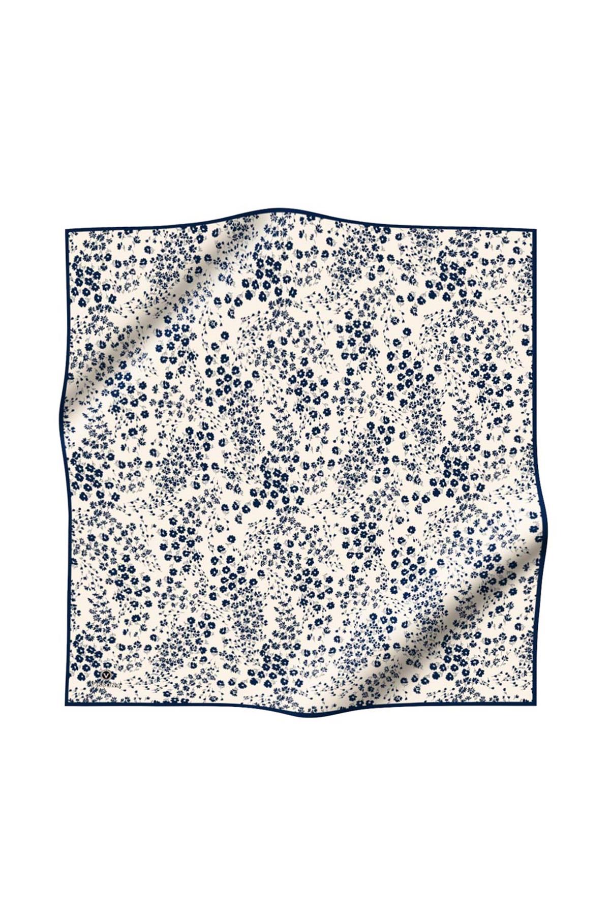 %100 Twill İpek Çıtır Çiçek Desenli Krem - Lacivert Renkli 90x90 Eşarp Dikim Şekli : El Dikişi