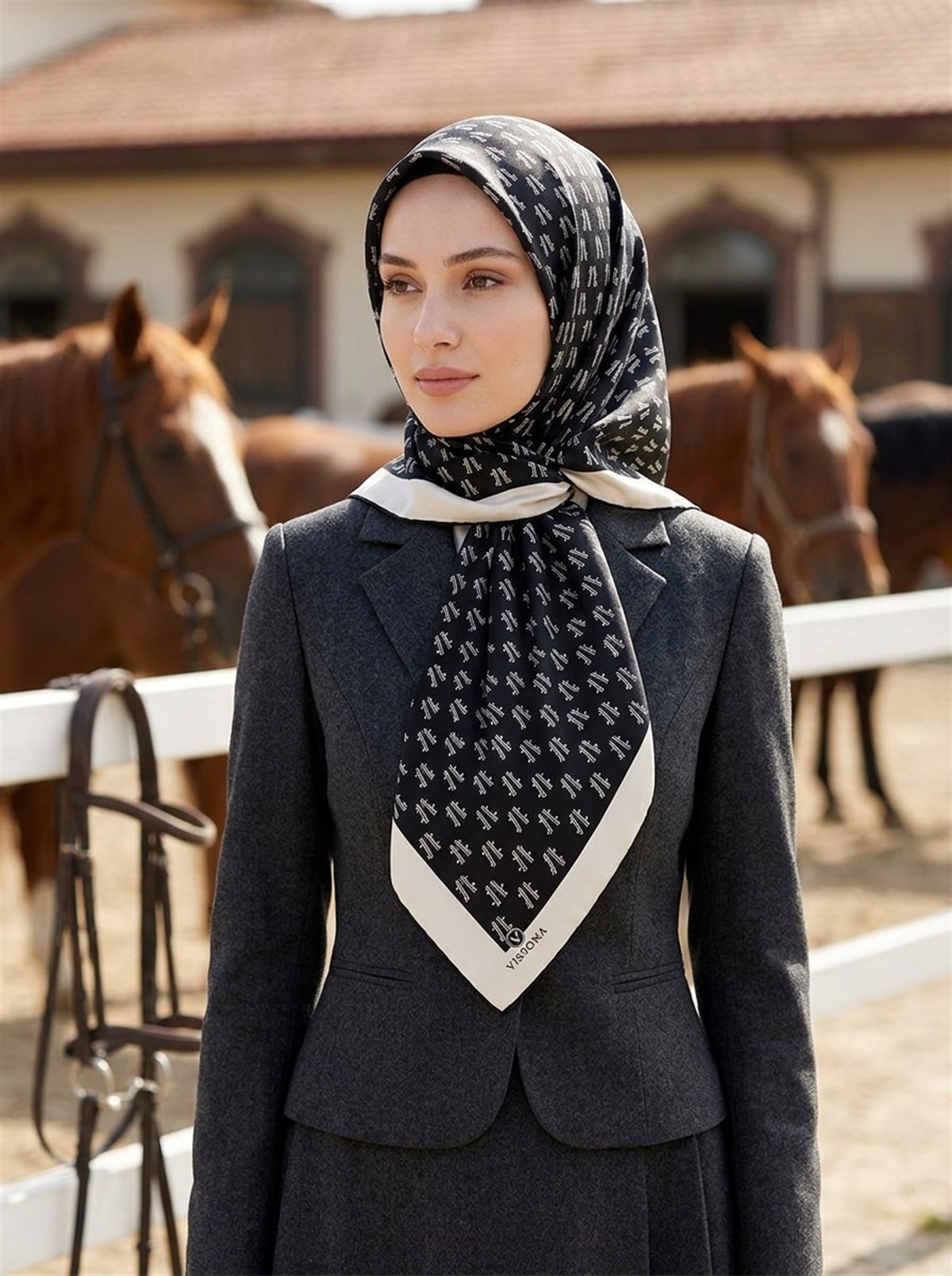 %100 Twill İpek Geometrik Desenli Siyah - Krem Renkli 90x90 Eşarp Dikim Şekli : El Dikişi