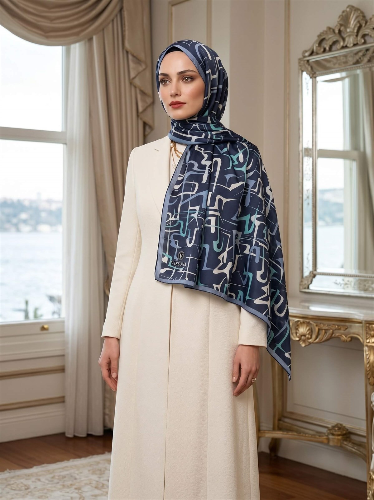 %100 Saf İpek Şal İnce Saten Vual Dokuma Çizgili Desenli Lacivert - İndigo Renkli 90x210 Şal