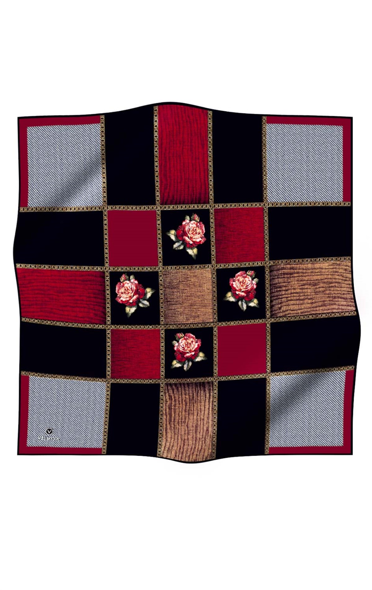 %100 Twill İpek Dokulu Çiçekli Ve Geometrik Desenli Bordo - Siyah Renkli 90x90 Eşarp Dikim Şekli : El Dikişi