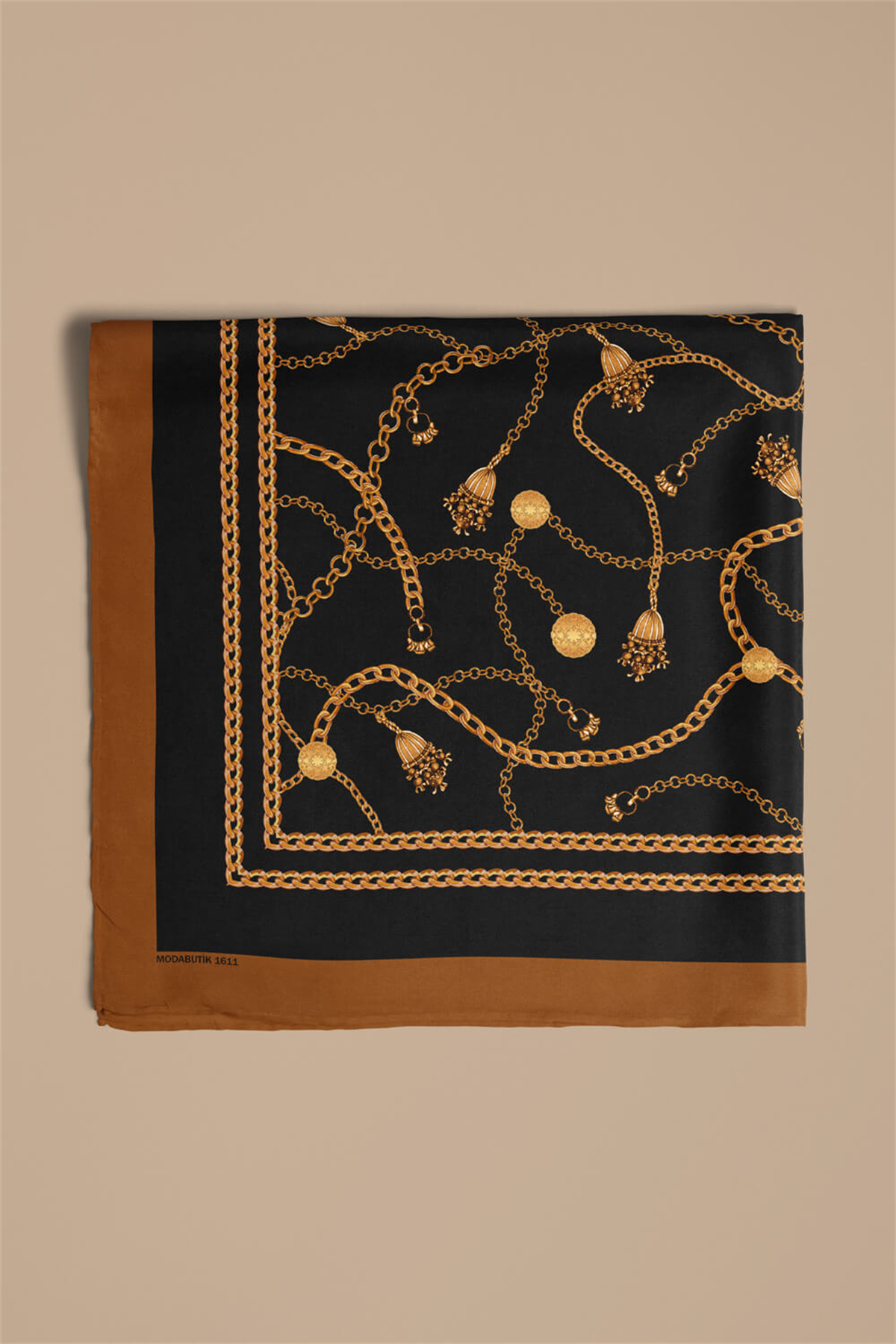 C28 Kadın Sarı Siyah Zincir Desenli 50x50 Bandana HYL DG01611-22